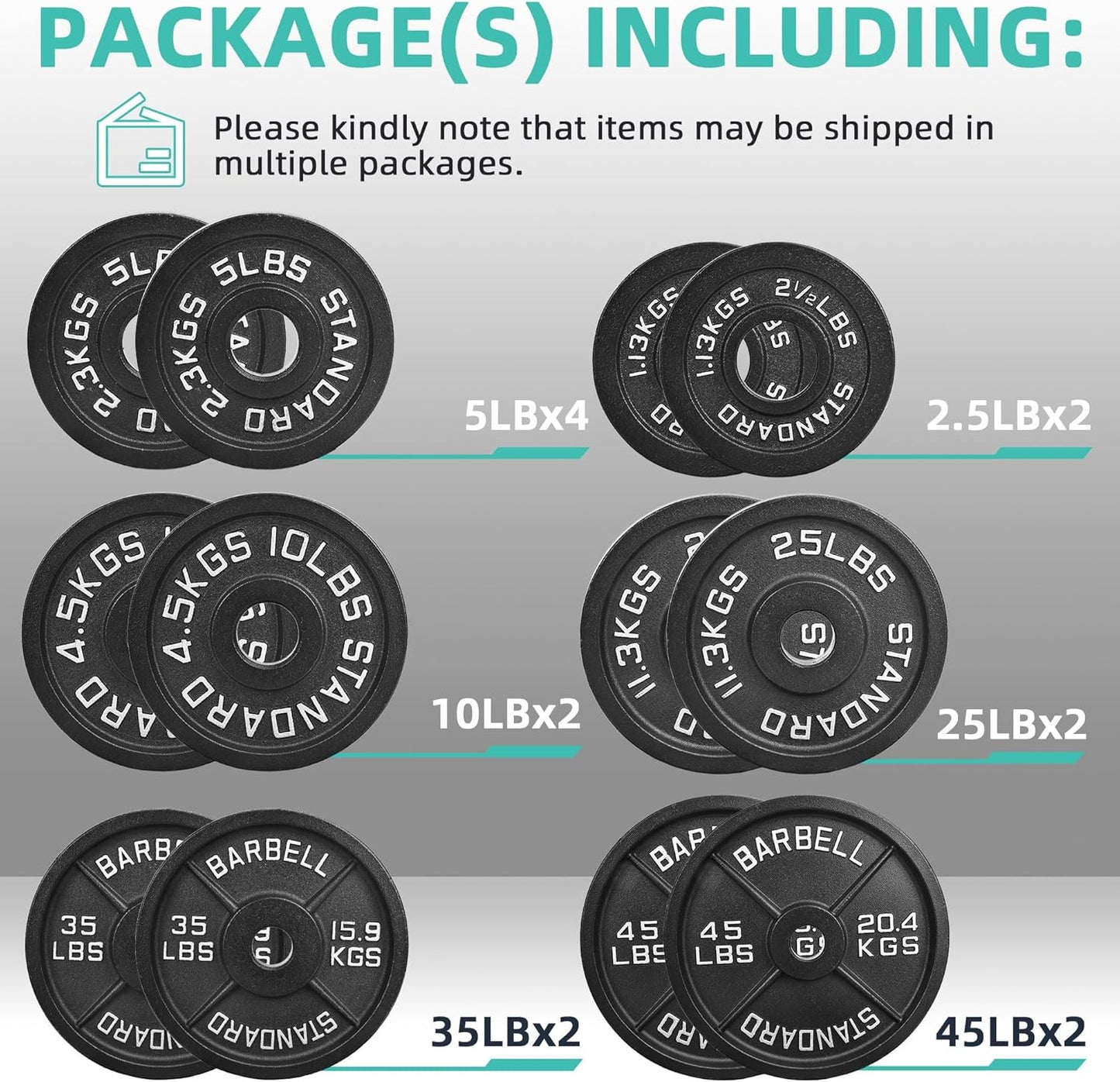 Olympic Cast Iron 2-Inch Weight Plates for Strength Training & Weightlifting, 255 Pounds Set, Multiple Packages