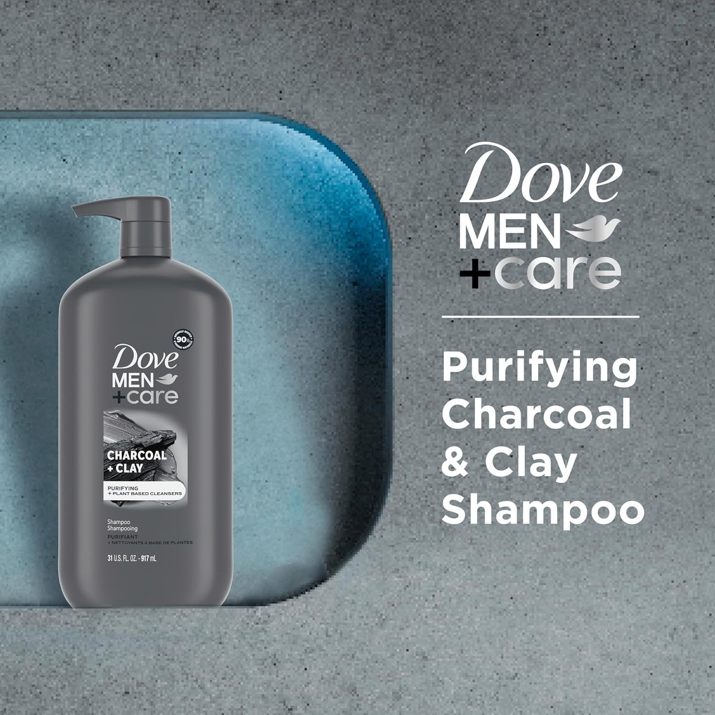 DOVE MEN + CARE Charcoal Pump Purifying Shampoo Charcoal + Clay for Stronger, More Resilient Hair, with Plant-Based Cleansers, 31 oz
