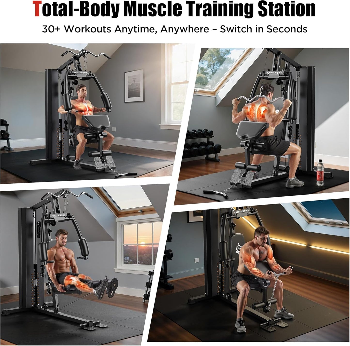 Sportsroyals Home Gym, Workout Equipment, 154LBS Weight Stack, Home Gym Equipment, Exercise Equipment, Multi Home Gym Station, Full Body Strength Training