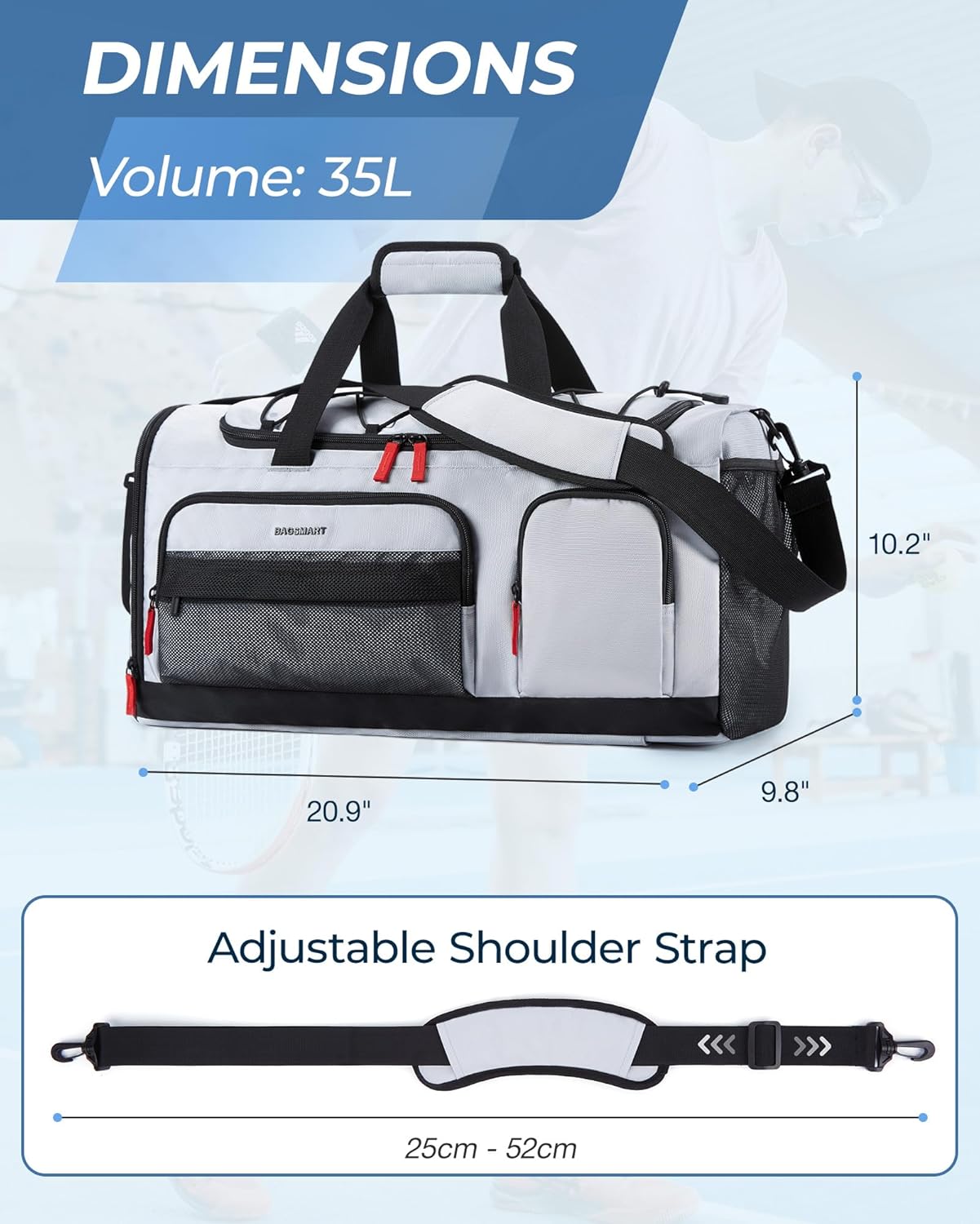 BAGSMART Gym Bag for Women & Men, 35L Sports Travel Duffel Bag with Shoe Compartment,Anti-Theft Carry On Weekender Bag for Airplane, Water Resistant Workout Overnight Backpack for Travel Gym,Grey