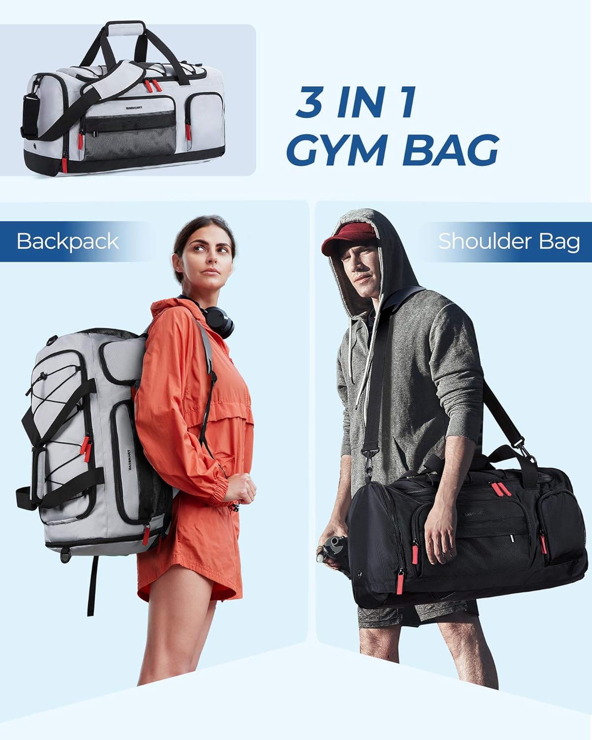 BAGSMART Gym Bag for Women & Men, 35L Sports Travel Duffel Bag with Shoe Compartment,Anti-Theft Carry On Weekender Bag for Airplane, Water Resistant Workout Overnight Backpack for Travel Gym,Grey