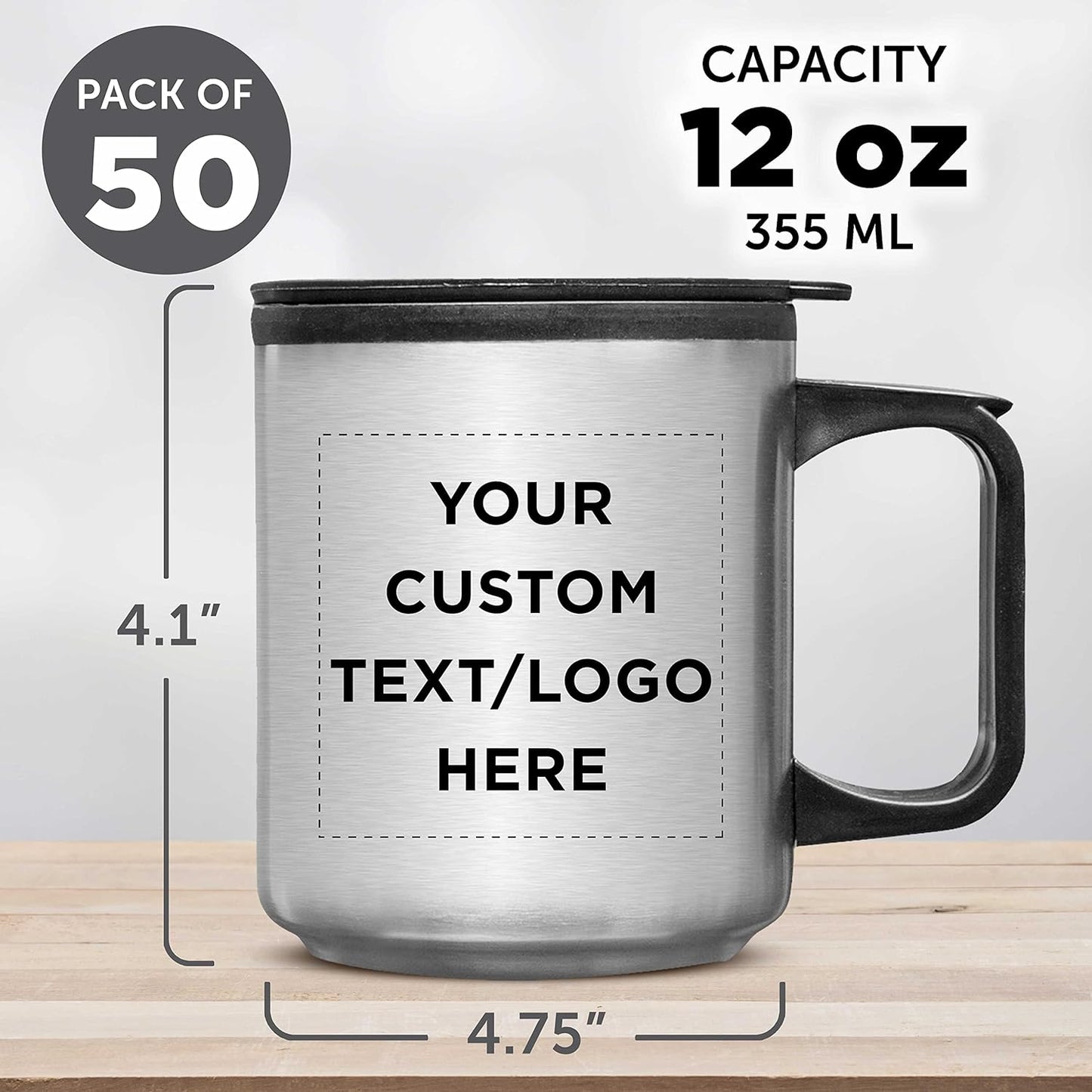 DISCOUNT PROMOS Custom Stainless Steel Travel Mugs with Handle 12 oz. Set of 50, Personalized Bulk Pack - Perfect for Coffee, Soda, Other Hot & Cold Beverages - Stainless Steel