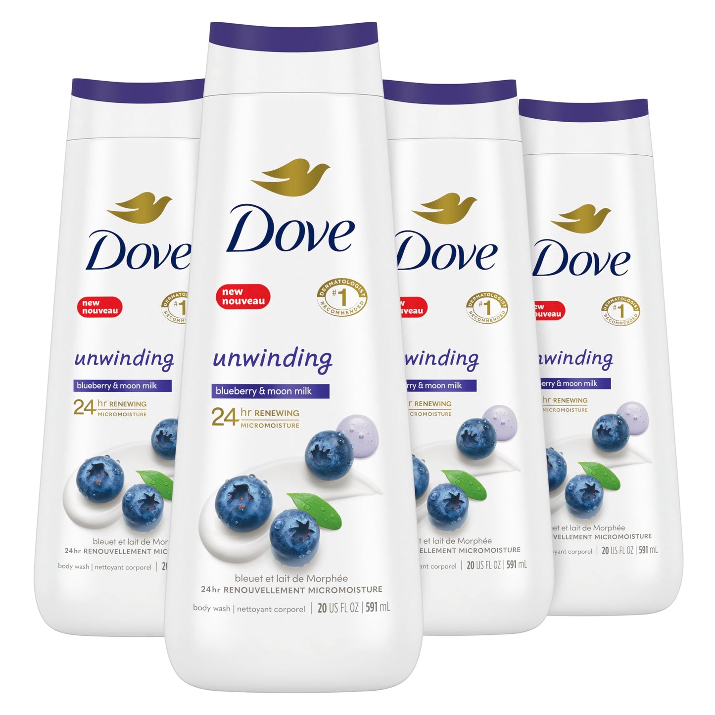 Dove Body Wash Deep Moisture, Sensitive Skin, Cucumber and Green Tea, and Shea Butter & Vanilla Collection 4 Count Skin Cleanser with 24hr Renewing MicroMoisture 20 oz