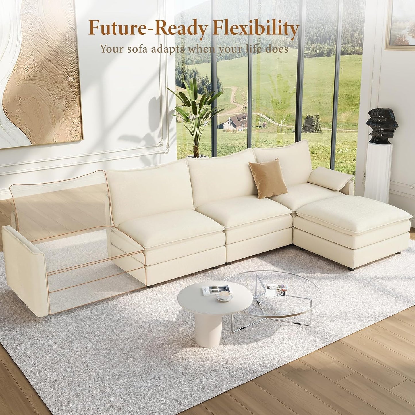 Vesgantti 108" Modular Sectional Sofa, Comfy Cloud Couch with Movable Ottoman Deep Seat Chenille L Shaped Modular Sofa, Sectional Couches for Living Room, Bedroom and Apartment, Beige