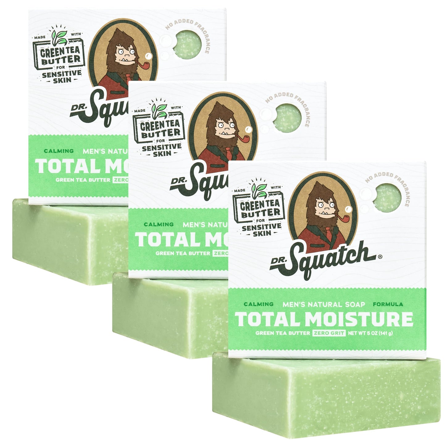 Dr. Squatch NEW Total Moisture Bar Soap for Men - No Added Fragrance Formulated for Sensitive Skin - Shea Butter, Mango Butter & Green Tea Butter (5 oz, 3-pack)
