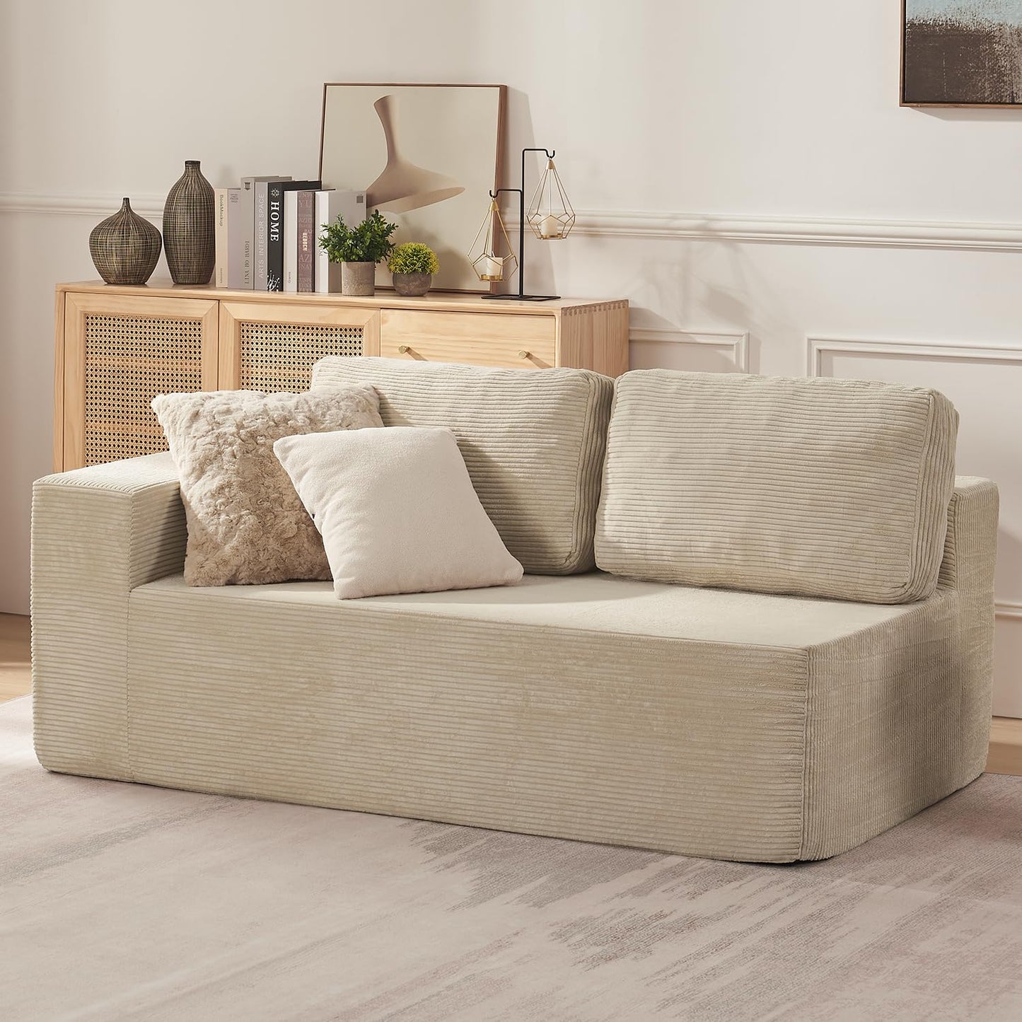 106" Cloud Sectional Couch, Left/Right Facing Convertible Sofa with Deep Seat, L-Shape Modular Upholstered Foam Couch for Living Room Bedroom, No Assembly Required (Corduroy Fabric, Beige)