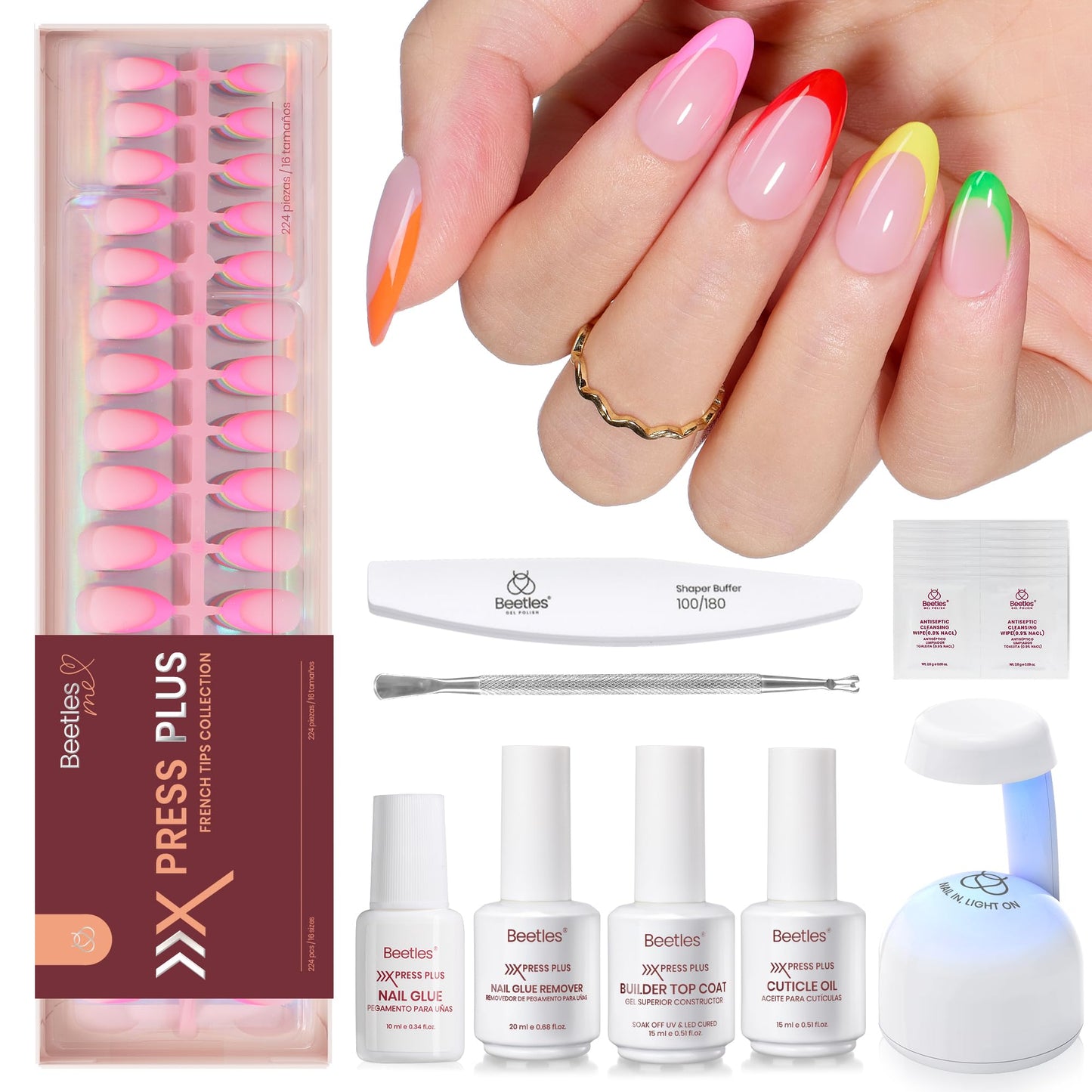 Beetles X Press Gel Nail Kit: Long Square French Tip Press On Nails Kit With 224Pcs Nail Tips Nail Glue & Builder Top Coat Mini UV Light, All-in-One DIY Designs Gift For Women At Home 16 Size