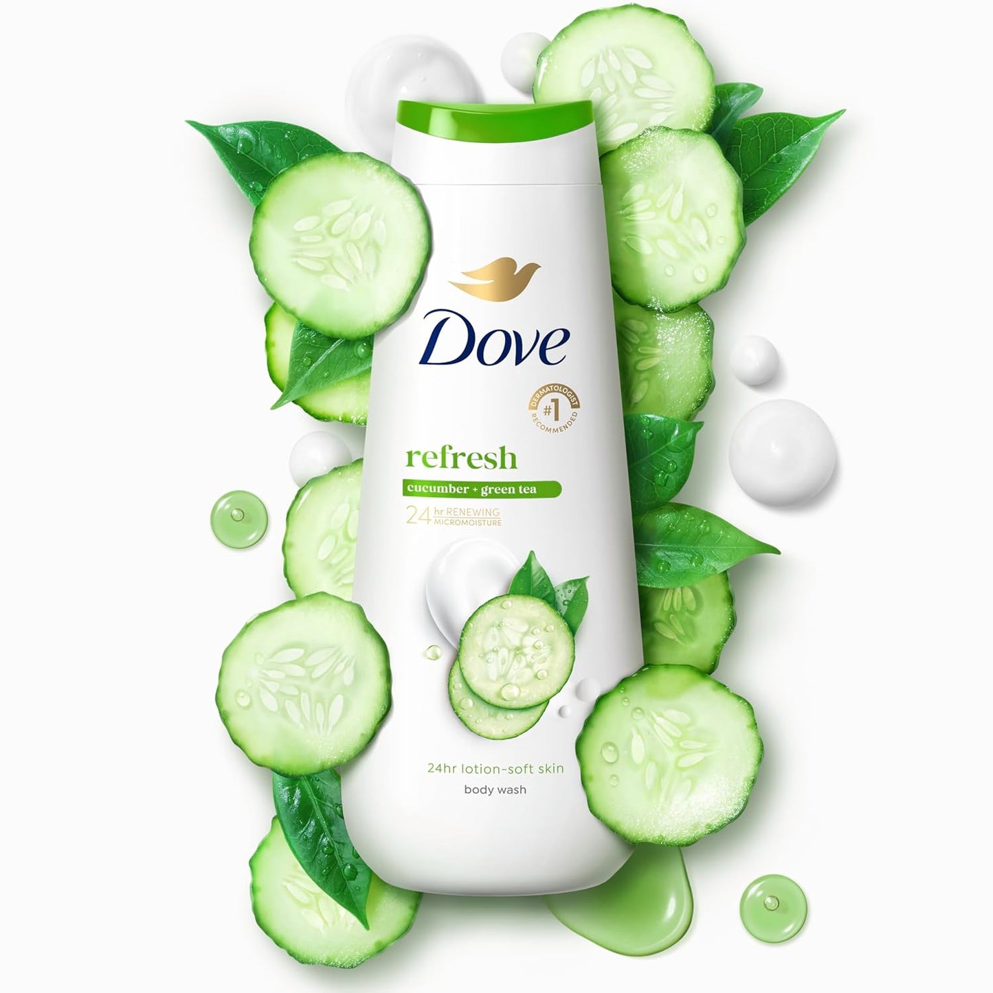 Dove Body Wash Refresh Cucumber and Green Tea for 24hr Lotion-Soft Skin Moisturizing Skin Cleanser with No Sulfates No Parabens 20 oz