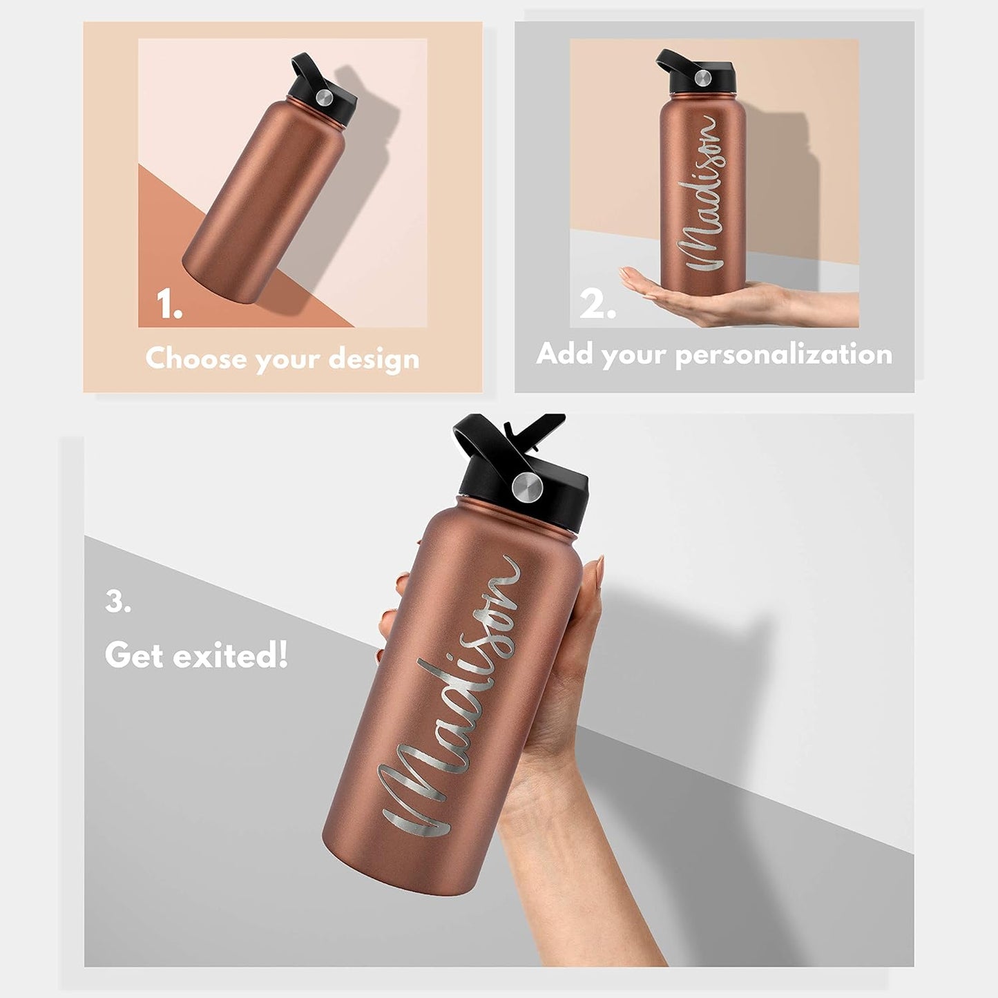 Amazing Items Personalized Water Bottle w/Straw & Lid, 32 oz - Navy Blue | Custom Stainless Steel Sports Water Bottle w/Name and Text - Double Wall, Vacuum Insulated - Rotating Handle