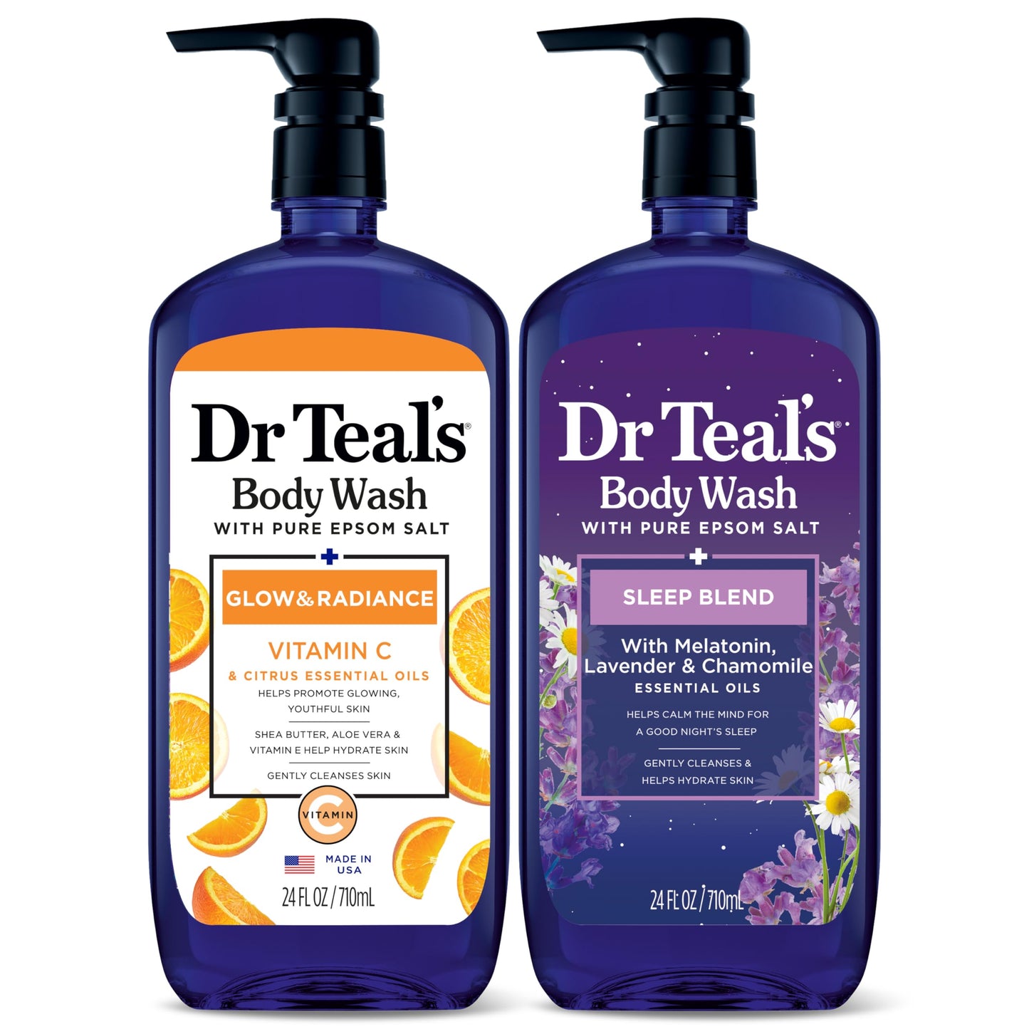 Dr Teal's Body Wash with Pure Epsom Salt, Glow & Radiance with Vitamin C & Citrus Essential Oils, 24oz (Pack of 2)