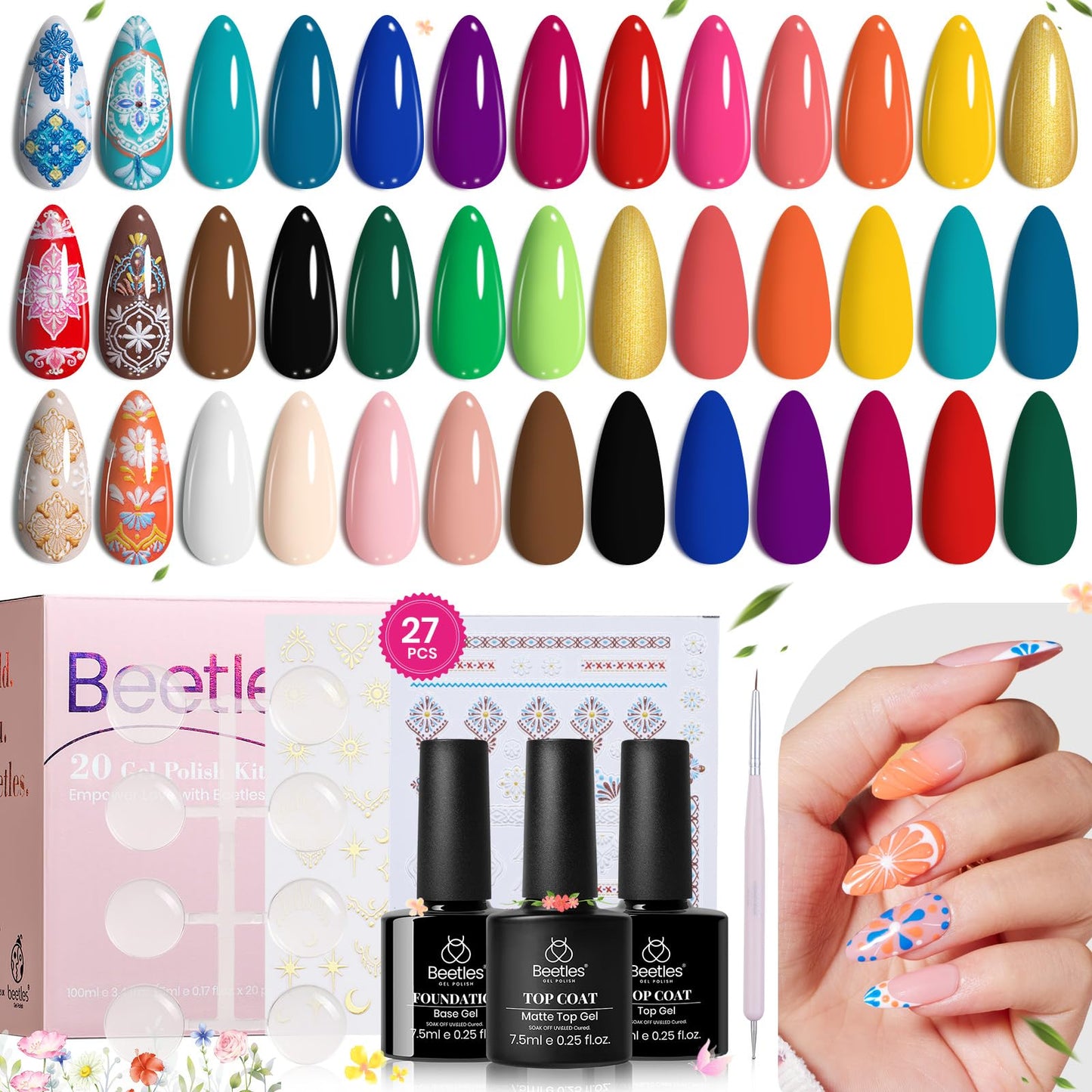 Beetles Cat Eye Gel Nail Polish Set-36 Colors Red Purple Brown Green Burgundy Magnetic Gel Nail Polish with Base Gel Glossy Matte Top Coat Magnet,Soak off UV Nail Gel DIY Nail Art Gift for Women