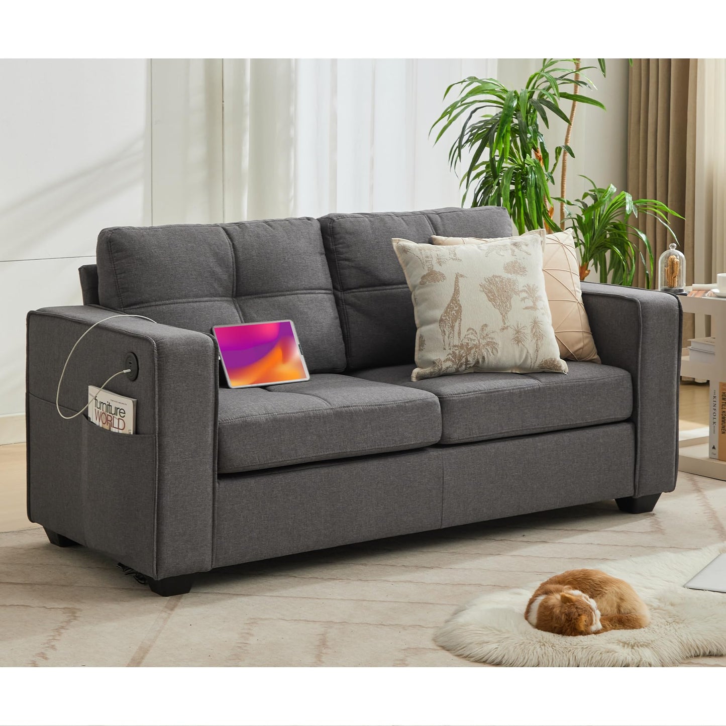 TYBOATLE 88" W Black Faux Leather Sofa Couches for Living Room, Mid-Century Modern Tufted Comfy Small Loveseat w/USB and Wide Arms, 3 Seater Office Cloud Couch for Small Space Apartment Bedroom