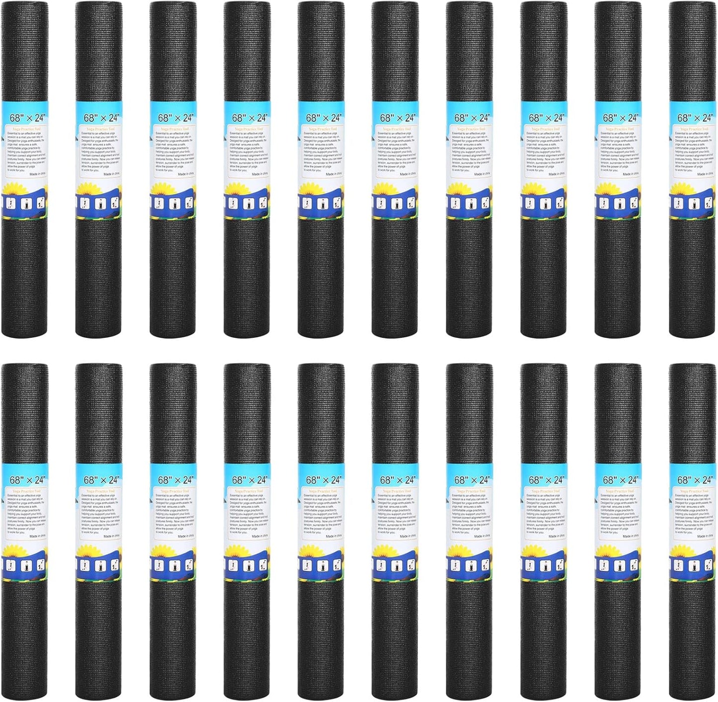 Riakrum 20 Pieces Exercise Yoga Mat Workout Mat with Strap 68 x 24 Inch Fitness Gym Mat Yoga Mat Non Slip for Women Men Gym Home Supplies(Black)