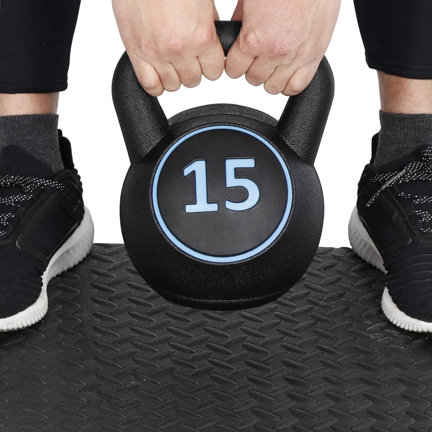 3-Piece Kettlebell Set with Storage Rack, Wide Grip Strength Training kettlebells, 5 lbs 10 lbs 15 lbs, Exercise Fitness Concrete Weight, Full Body HIIT Workout