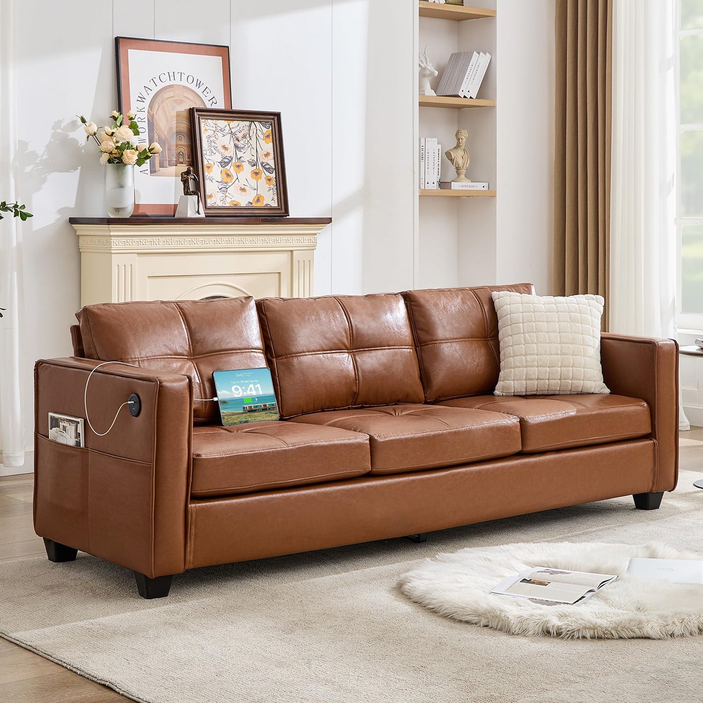 TYBOATLE 88" W Black Faux Leather Sofa Couches for Living Room, Mid-Century Modern Tufted Comfy Small Loveseat w/USB and Wide Arms, 3 Seater Office Cloud Couch for Small Space Apartment Bedroom