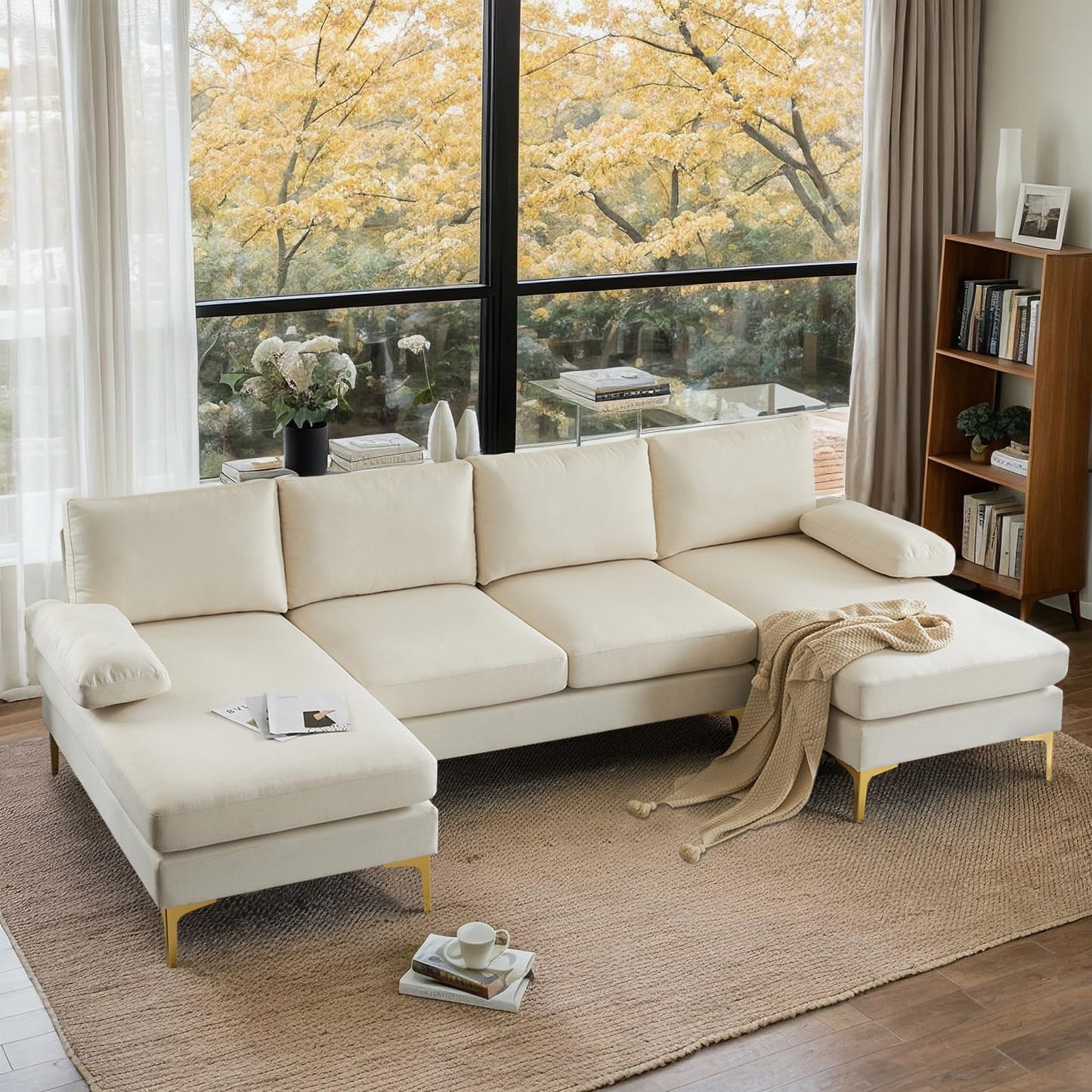 VINGLI 110" Modern U Shaped Sectional Couch with 51"D Double Chaise for Living Room, Black Deep Seat Sectional Sofa Sets with 5.9" Thickness Seating Padding for Home Furniture,Linen Fabric,Metal Legs