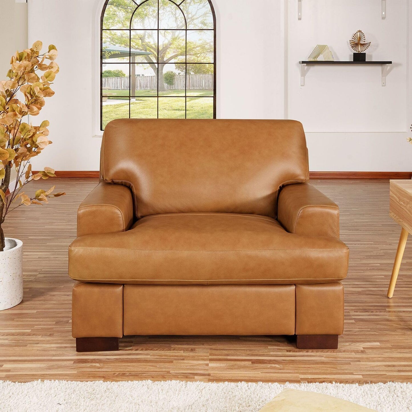 Naomi Home Siggy Genuine Leather Sofa - Set of 3 Luxurious Comfort, Goose Feather Cushion Filling, Square Arm Design, Sturdy Block Legs, Elegant Tan - Ideal for Living Room, Office, or Bedroom