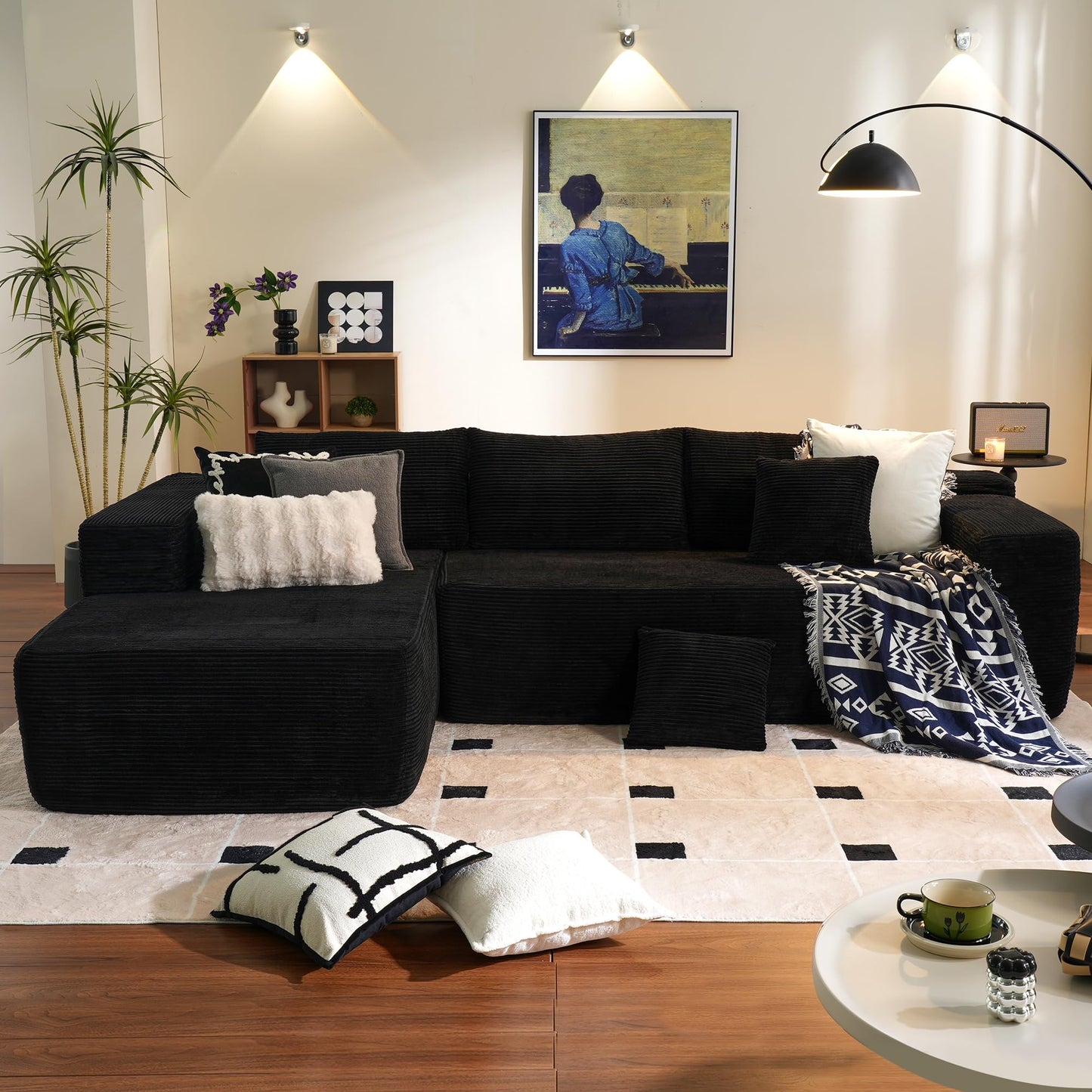 ovios Sectional Cloud Couch for Living Room, Modular Floor Sofa with Plush Corduroy, No Assembly Required, Big Comfy Couches Set with Fluffy Memory Foam, Stupendous U Shaped Sofas with Chaise, Brown