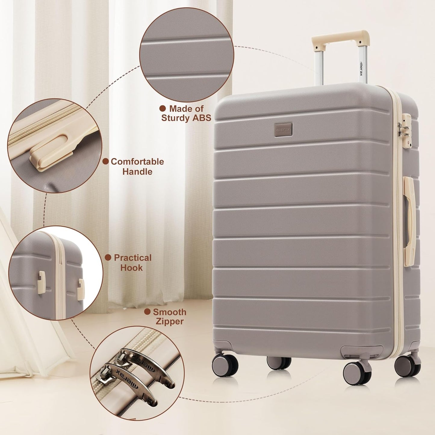 Merax 3 Piece ABS Hardshell Luggage Sets Spinner Wheel Suitcase TSA Lock Suit Case, Rosybrown, 20/24/28 Inch