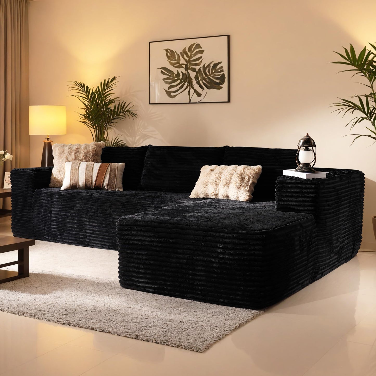 114" Boneless Couches for Living Room, Brown Faux Leather Cloud Sectional Couches with Chaise, Deep Seat L Shaped Modular Sofa, No Assembly Required Sofas in a Box (Right,Faux Leather,Brown)