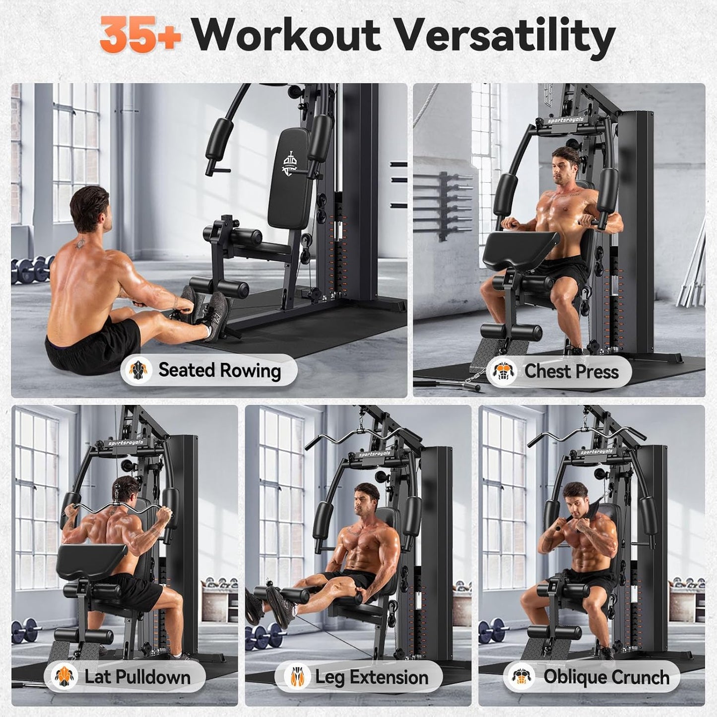 Sportsroyals Home Gym Equipment, 154LBS Weight Stack, Full Body Workout Machine with Pulley System for Strength Training