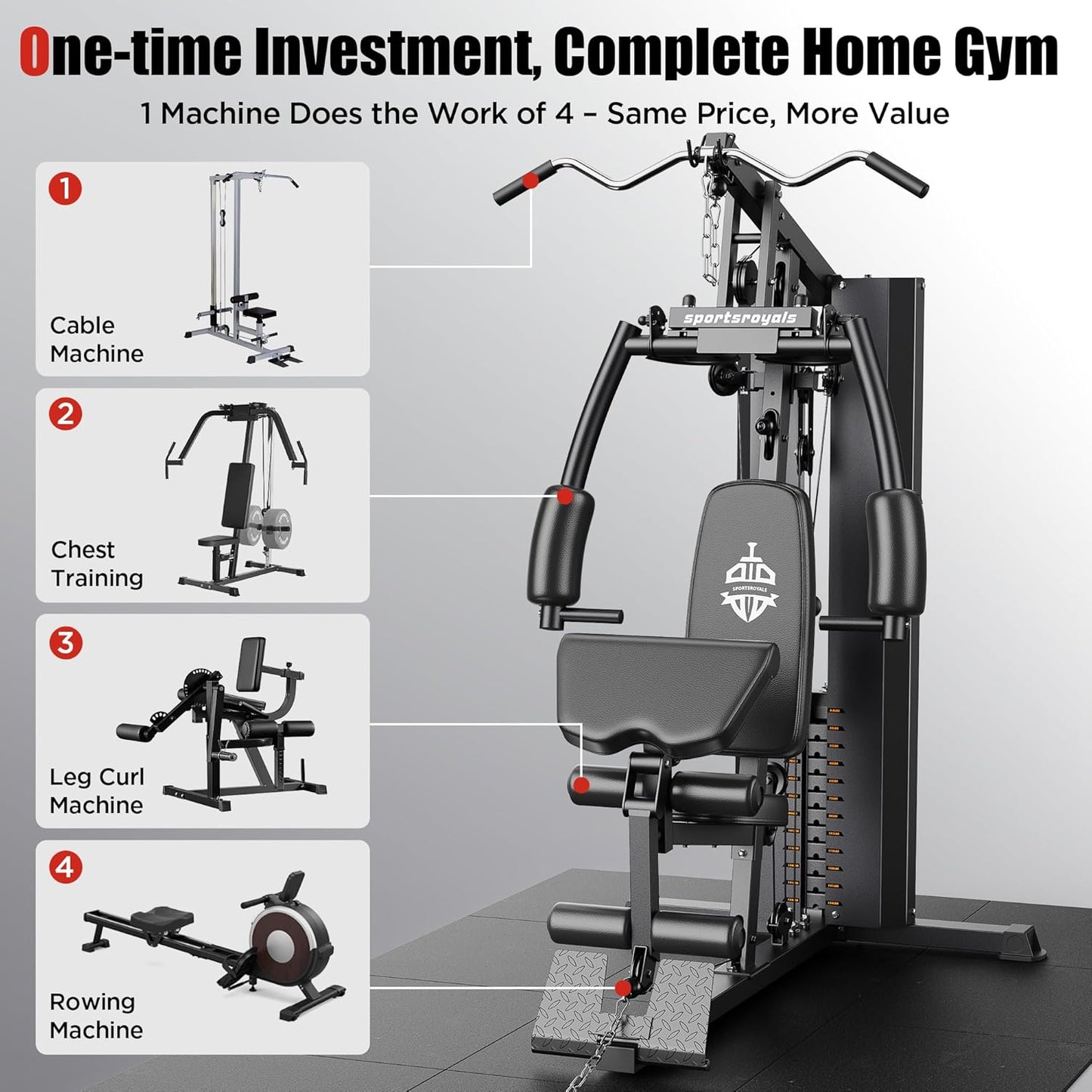 Sportsroyals Home Gym, Multifunctional Home Gym Equipment, Workout Station with 154LBS Weight Stack, Exercise Equipment for Full Body Traning with Pulley System