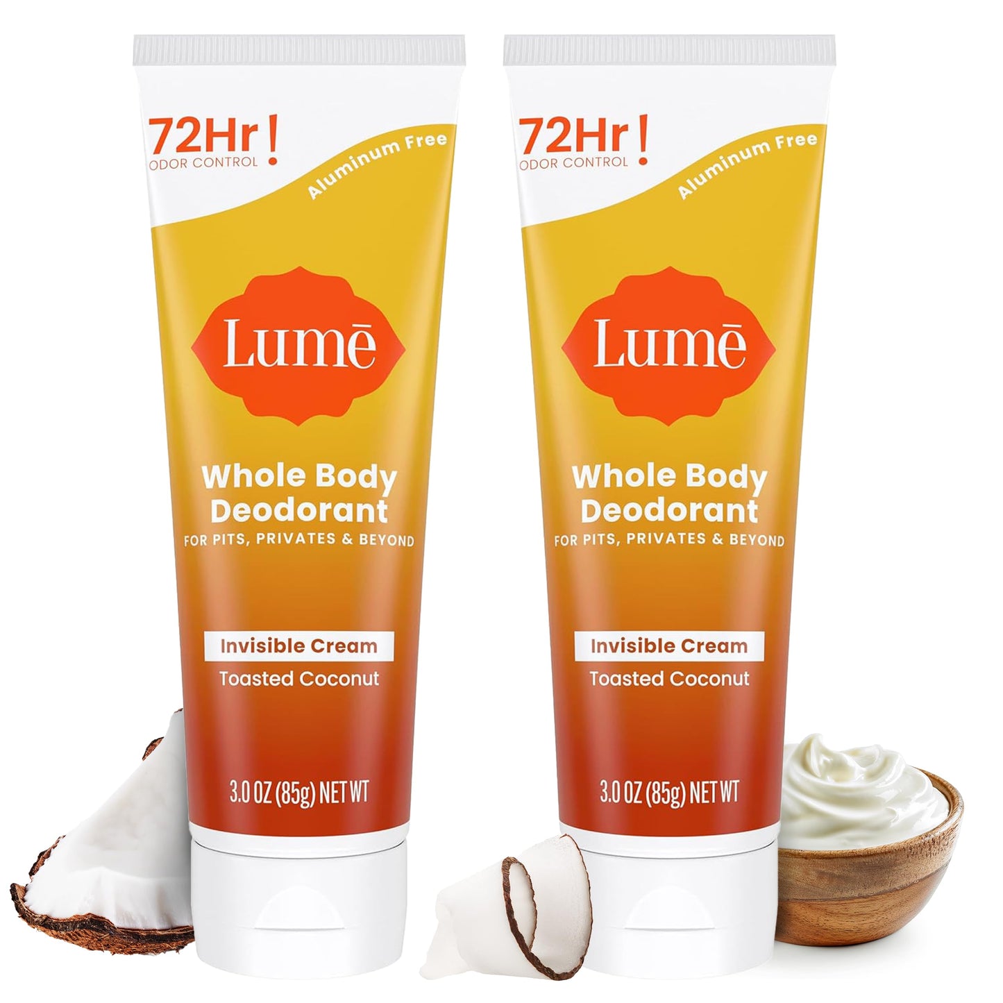 Lume Whole Body Deodorant - Invisible Cream Tube - 72 Hour Odor Control - Aluminum Free, Baking Soda Free, Skin Safe - 3.0 ounce (Toasted Coconut)