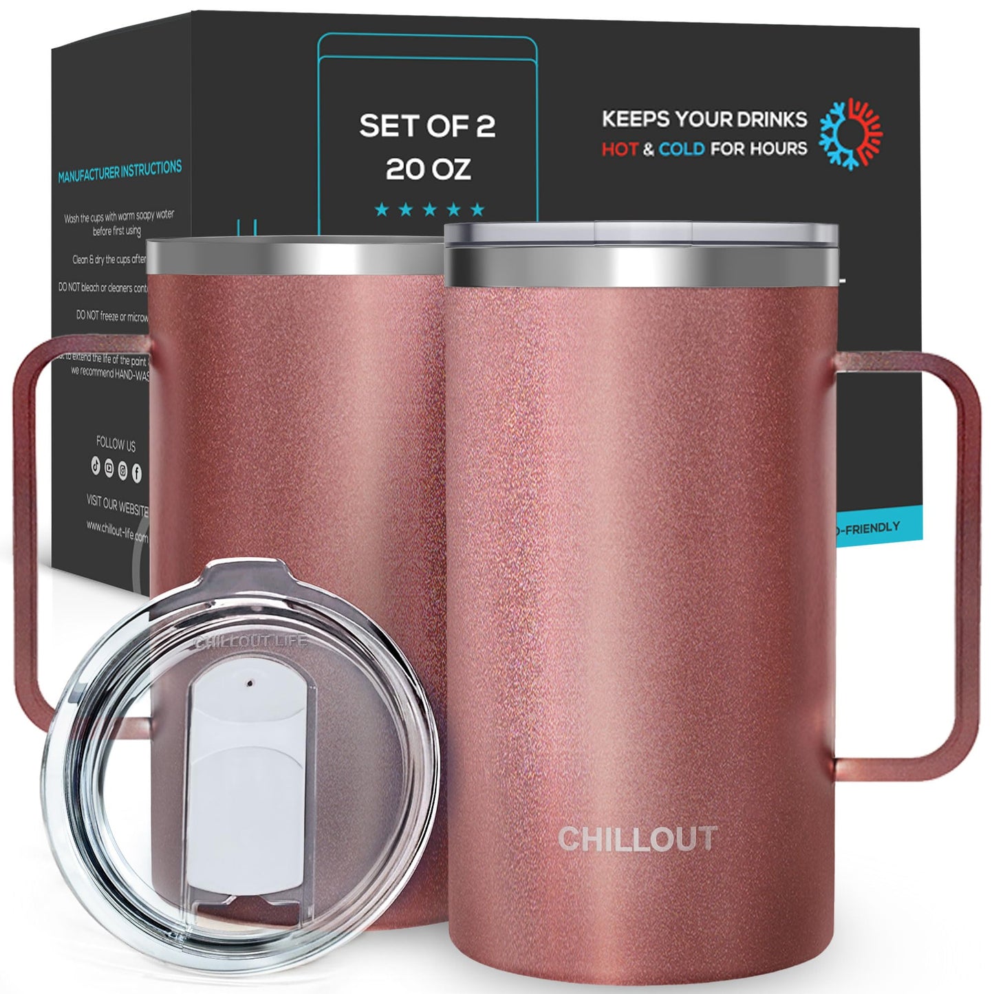 CHILLOUT LIFE Stainless Steel Vacuum Insulated Coffee Mug 16 oz (Set of 2) with Handle and Lid, Large Thermal Camping Coffee Mugs with Sliding Lid for Men & Women, Keeps Your Beverages Hot & Cold