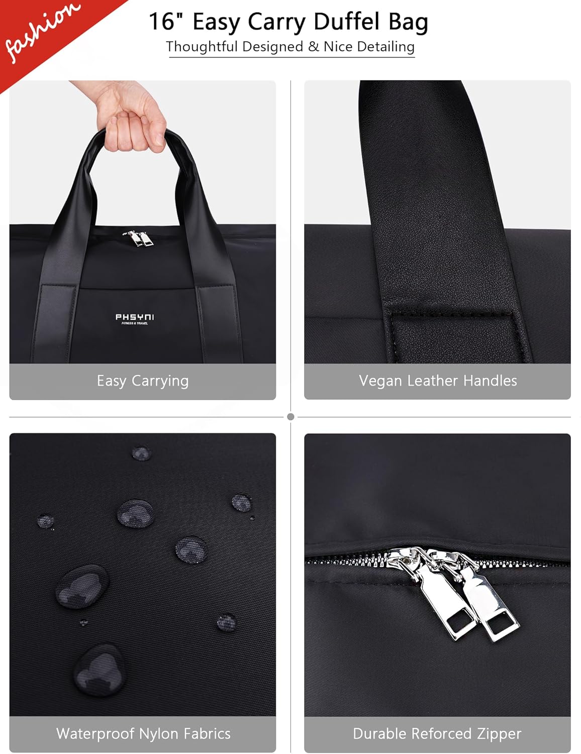 Compact Sports Gym Bag for Women and Men, Cute Mini Duffle Bag with Wet Pocket & Shoes Compartment, Personal Item Travel Workout Bag, 16"-Small, Black