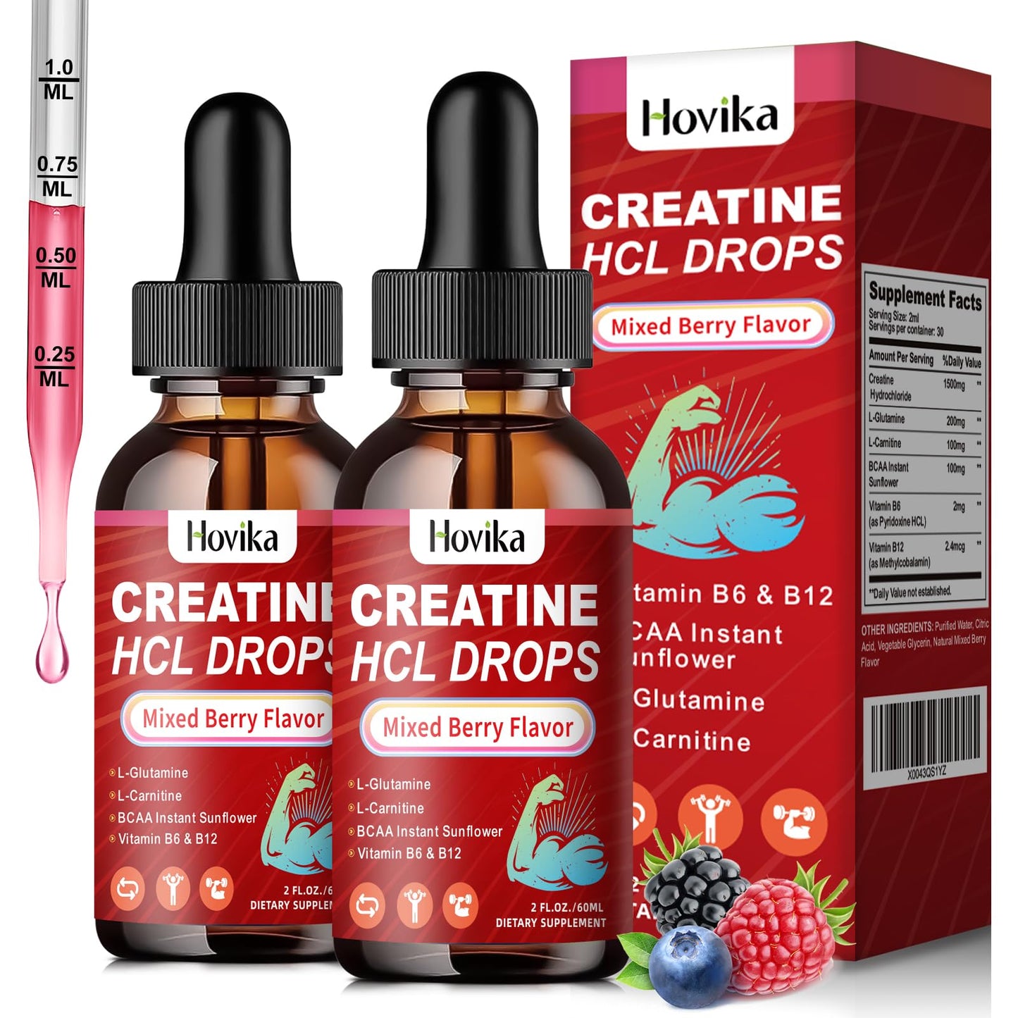Creatine HCL Liquid Drops for Men & Women, Creatine Hydrochloride with L-Carnitine, L-Glutamine, BCAA, Vitamin B12 & B6 for Muscle Growth & Recovery-Vegan, Mixed Berry Flavor Flavor, 2 Fl Oz