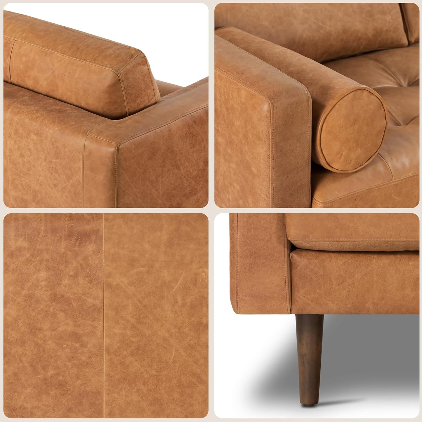 Poly & Bark Napa Leather Couch - 88.5-Inch Office Sofa with 2 Bolsters - Full-Grain Leather Sofa for Living Room with Feather-Down Topper - Living Room Couch - Vintage Italian Leather in Cognac Tan