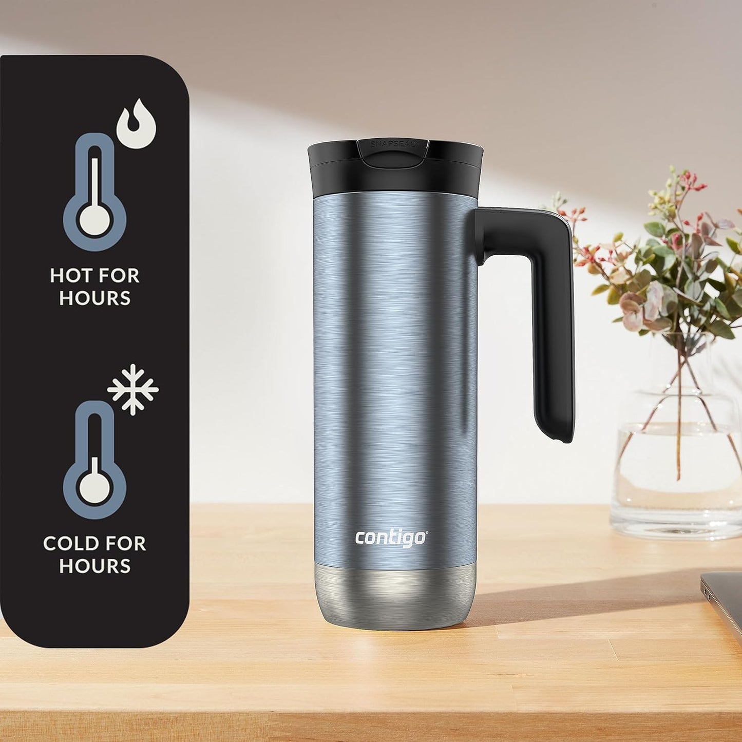Contigo Superior 2.0 Stainless Steel Travel Mug with Handle Leak-Proof Lid Double-Wall Insulation for Hot & Cold Beverages 20oz Dark Ice Ideal for Commuting and Travel