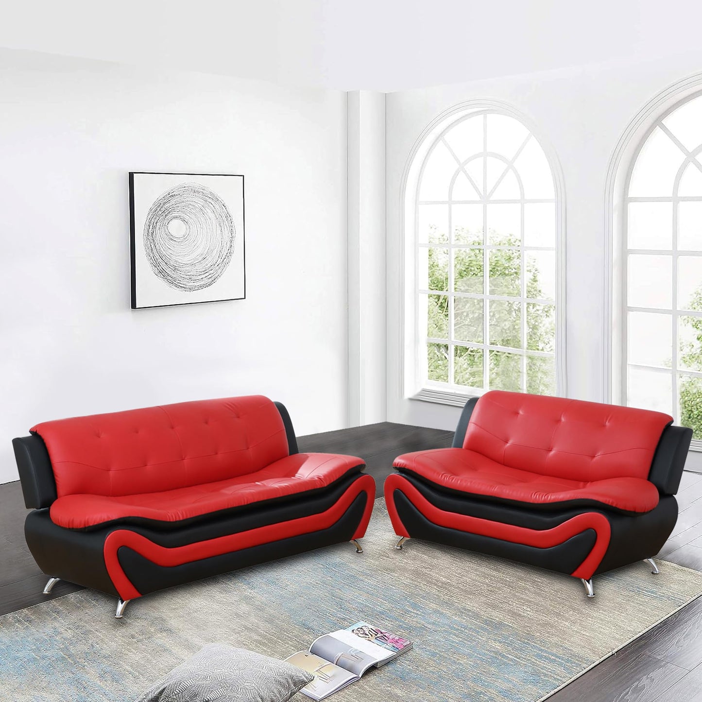3 Piece Living Room Furniture Set, Leather Sofa Set for Living Room, Modern Couch Set with 3-Seater Sofa, Loveseat and Armchair (Black 2)