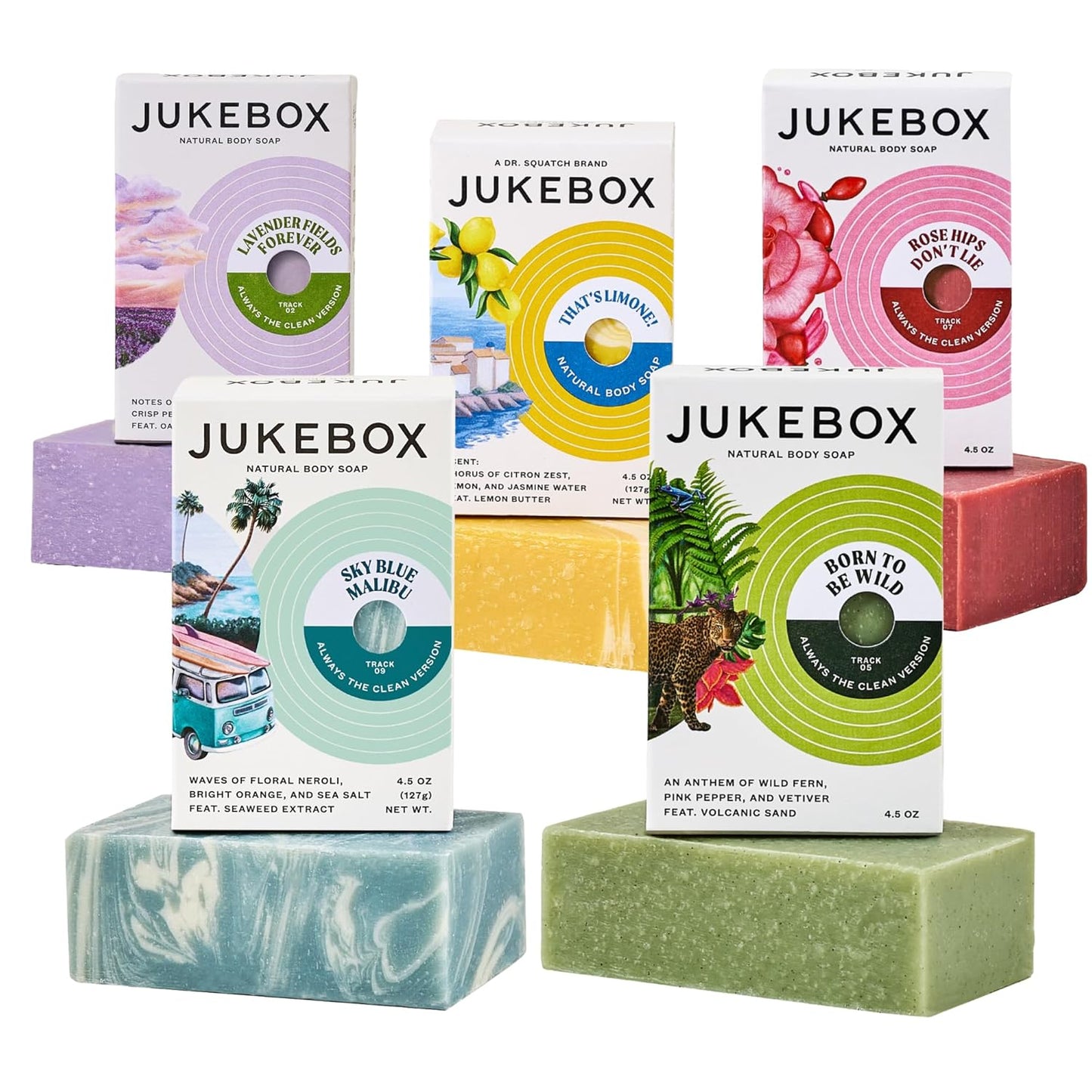 JUKEBOX Soap Sampler Gift Pack- 5 Bar Soaps- Lavender Fields Forever, Rose Hips Don't Lie, Skyy Blue Malibu, That's Limone, Born To Be Wild