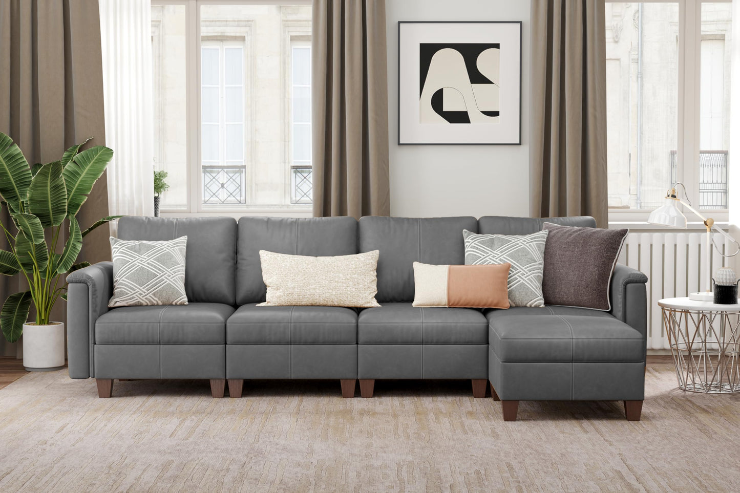 Faux Leather Modular Sectional Couches for Living Room, Modular Convertible U-Shaped Sectioanl Sofa with Storage & Ottoman, Brown