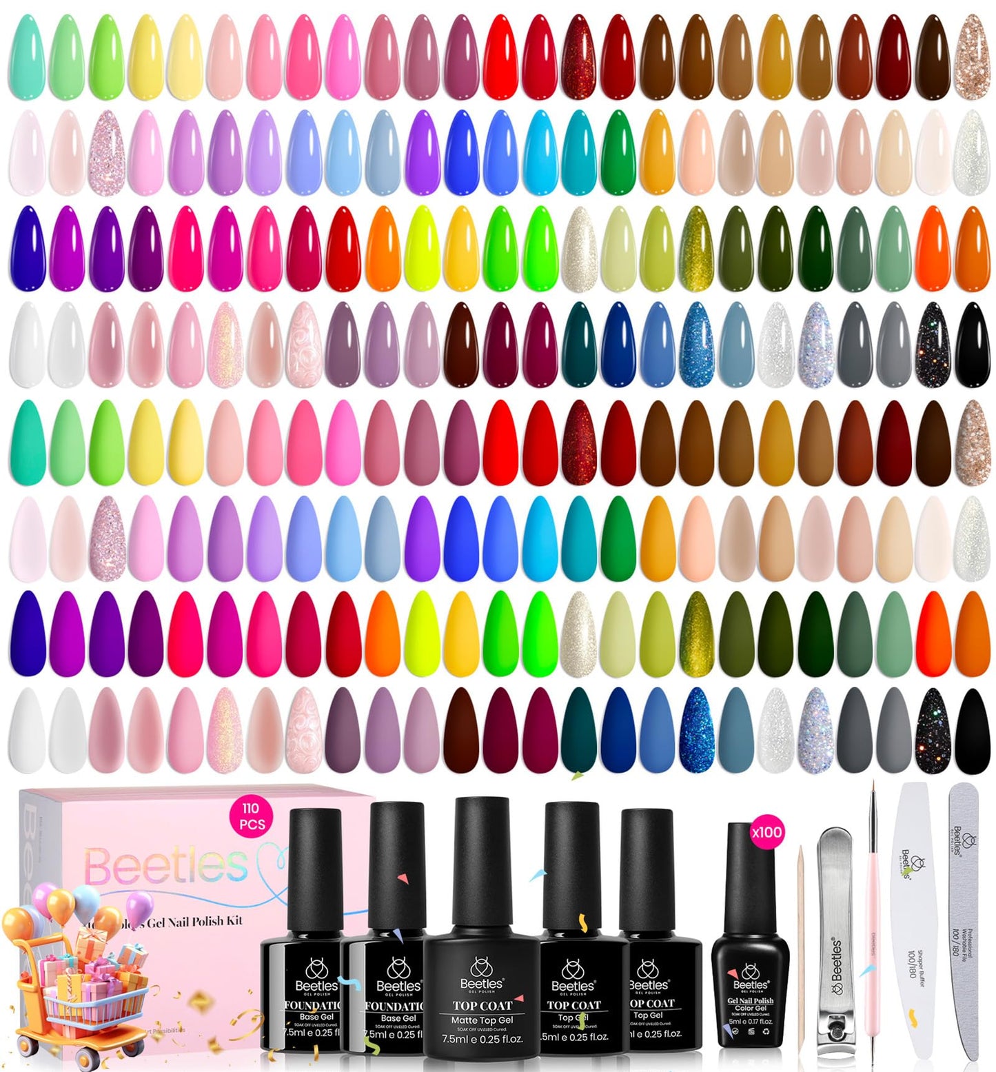 Beetles Gel Polish Set Cat Eye Gel Nail Polish Kit 48 Colors Jelly Glitter Shell Shread Nude Hot Pink Neon Blue Red Green 53pcs with Base Coat Glossy Matte Top Coat Gifts for Women Vivid Moments