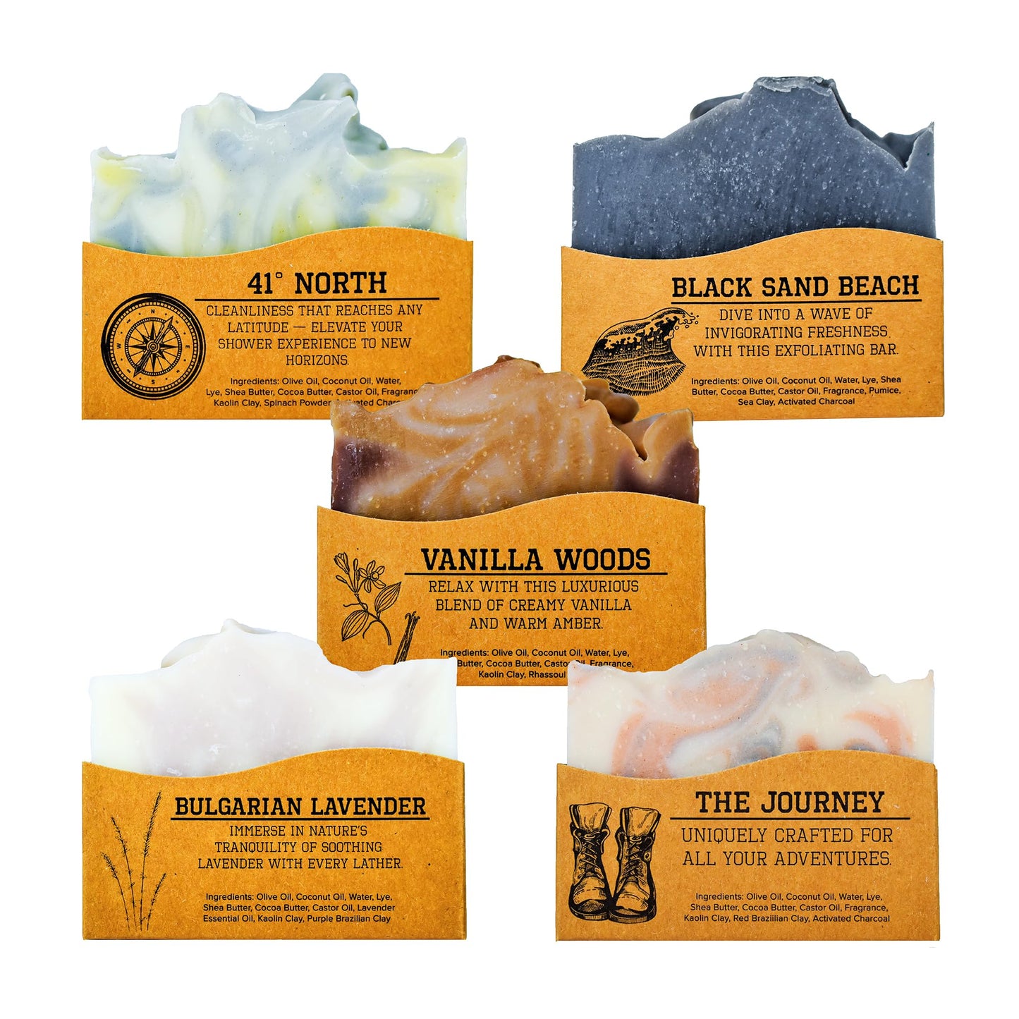 Compass Soap Natural Soap for Men | Skin-Friendly & Chemical-Free Hand Made Soap Bar Gift Set | Best Exfoliating and Cleansing Bar Soap for Men | 5 Oz. Variety Pack of 5