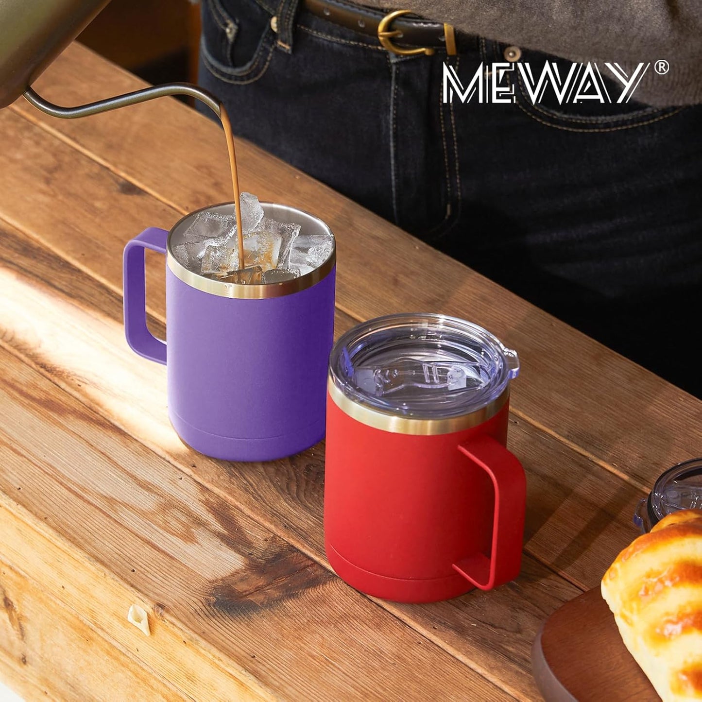 MEWAY 12oz Coffee Mug With Handle and Sliding Lid,Stainless Steel Travel Tumbler Cup with Handle,Double Wall Vacuum Insulated Camping Cup for Hot & Cold Drinks Tea (Purple,Set of 1)