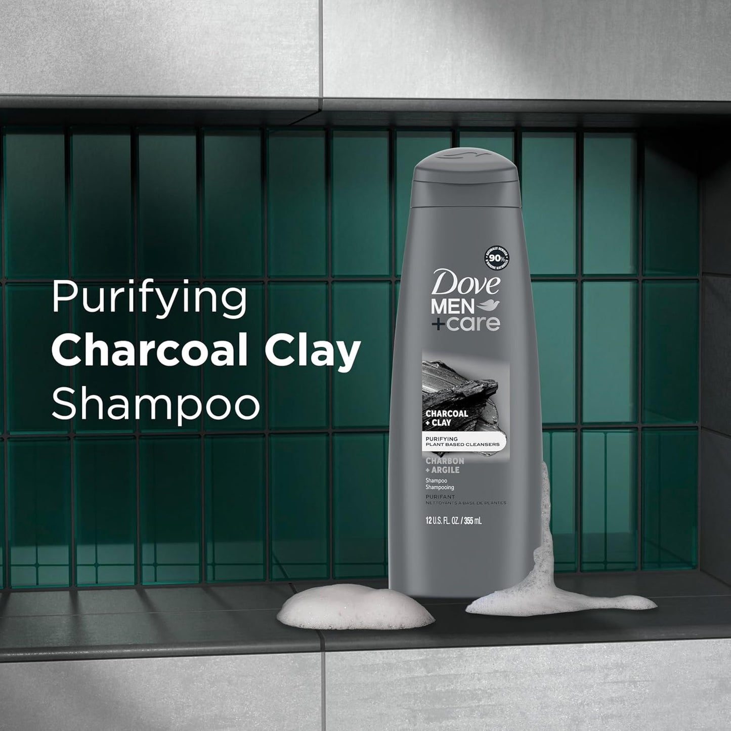 DOVE MEN + CARE Shampoo Charcoal + Clay for Healthy-Looking Hair Naturally Derived Plant Based Cleansers 12 oz
