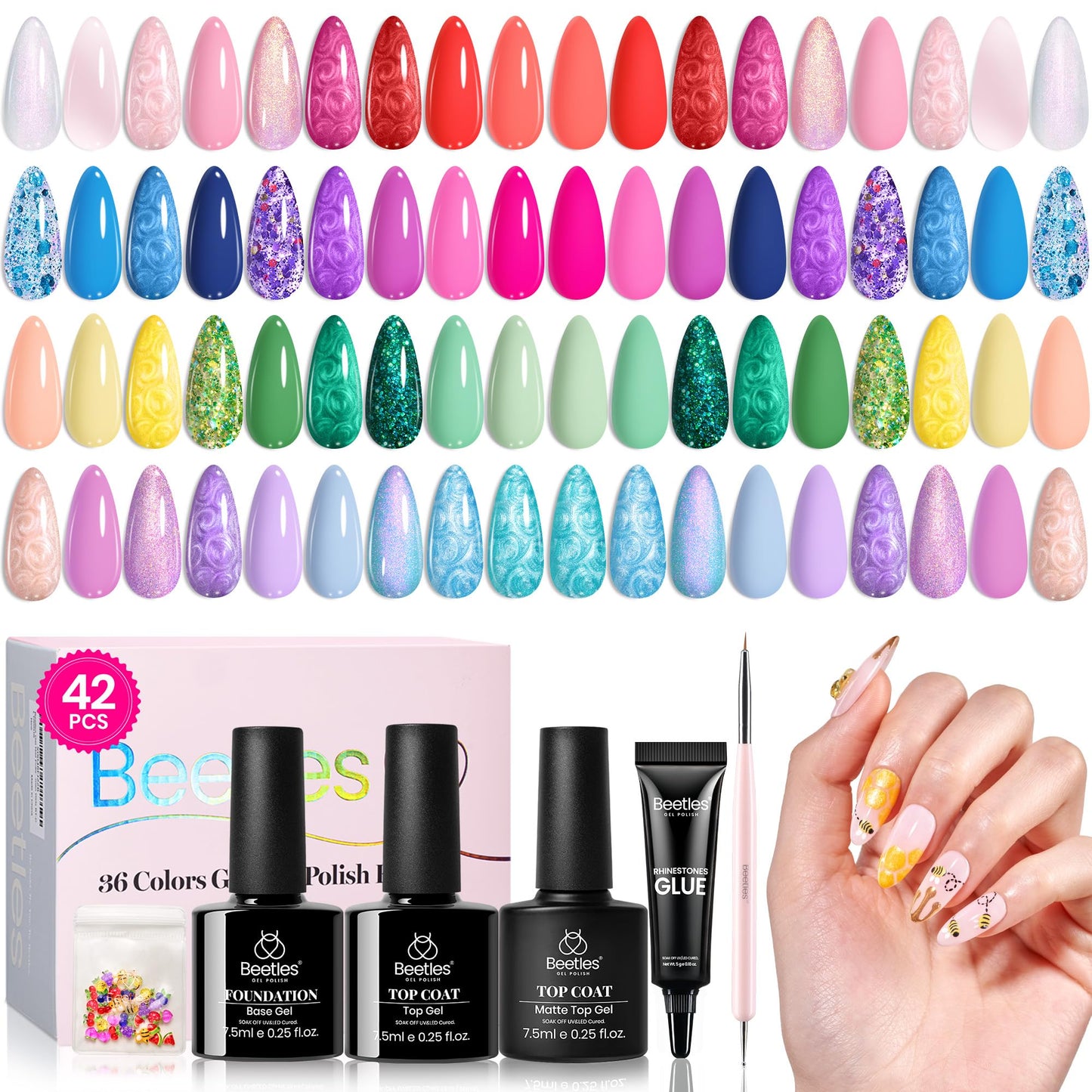 Beetles 110 PCS Gel Nail Polish Set, 100 Colors Infinite Inspiration All Season Red Brown Green Black Gel Polish with 5Pcs Base Top Coat Soak off UV Gel for Manicure Lovers DIY at Home Gifts for Women