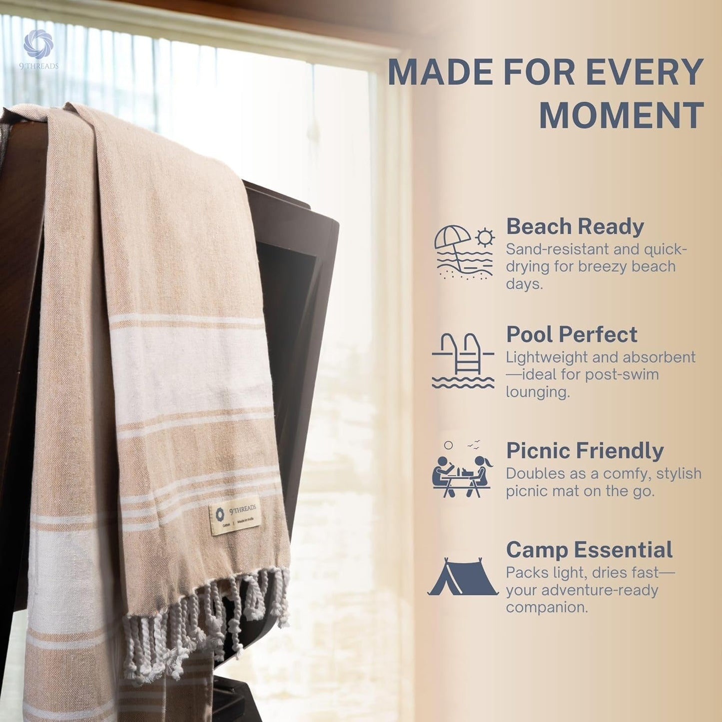 Cotton Turkish Beach Towel Towels Oversized 36"x72" Pool Absorbent Extra Large Quick Dry Sand Travel Towel (Beige, 4 Pack)
