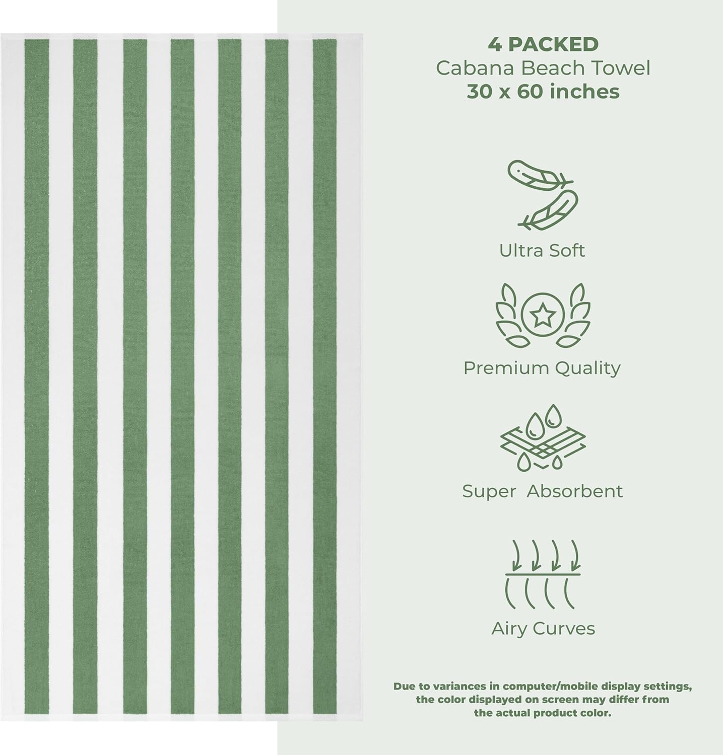 American Soft Linen Cabana Striped Beach Towels, 30x60 inch 4 Piece Oversize Pool Towels, Quick Drying Sand Free Swim Towels, Sage Green