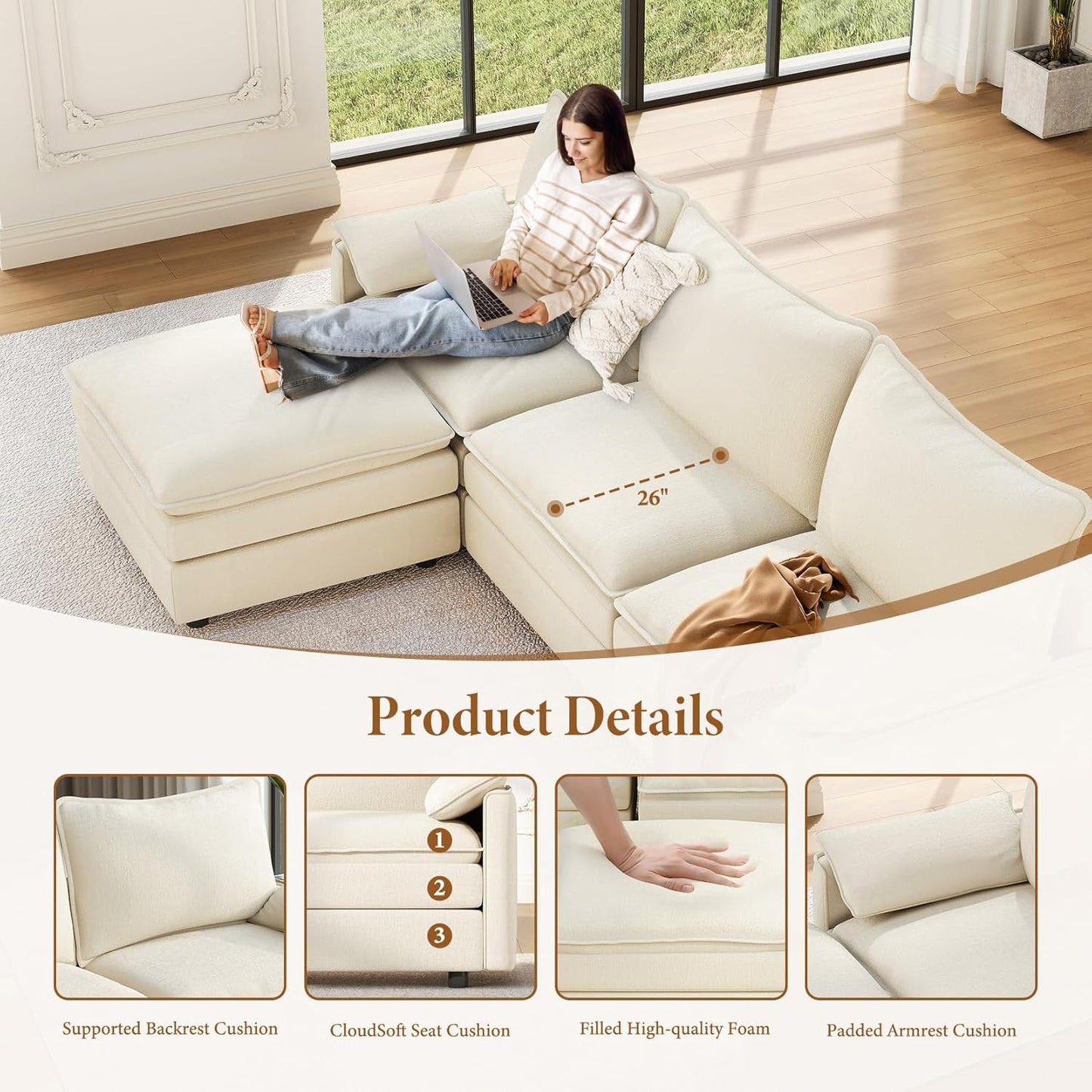 Vesgantti 108" Modular Sectional Sofa, Comfy Cloud Couch with Movable Ottoman Deep Seat Chenille L Shaped Modular Sofa, Sectional Couches for Living Room, Bedroom and Apartment, Beige