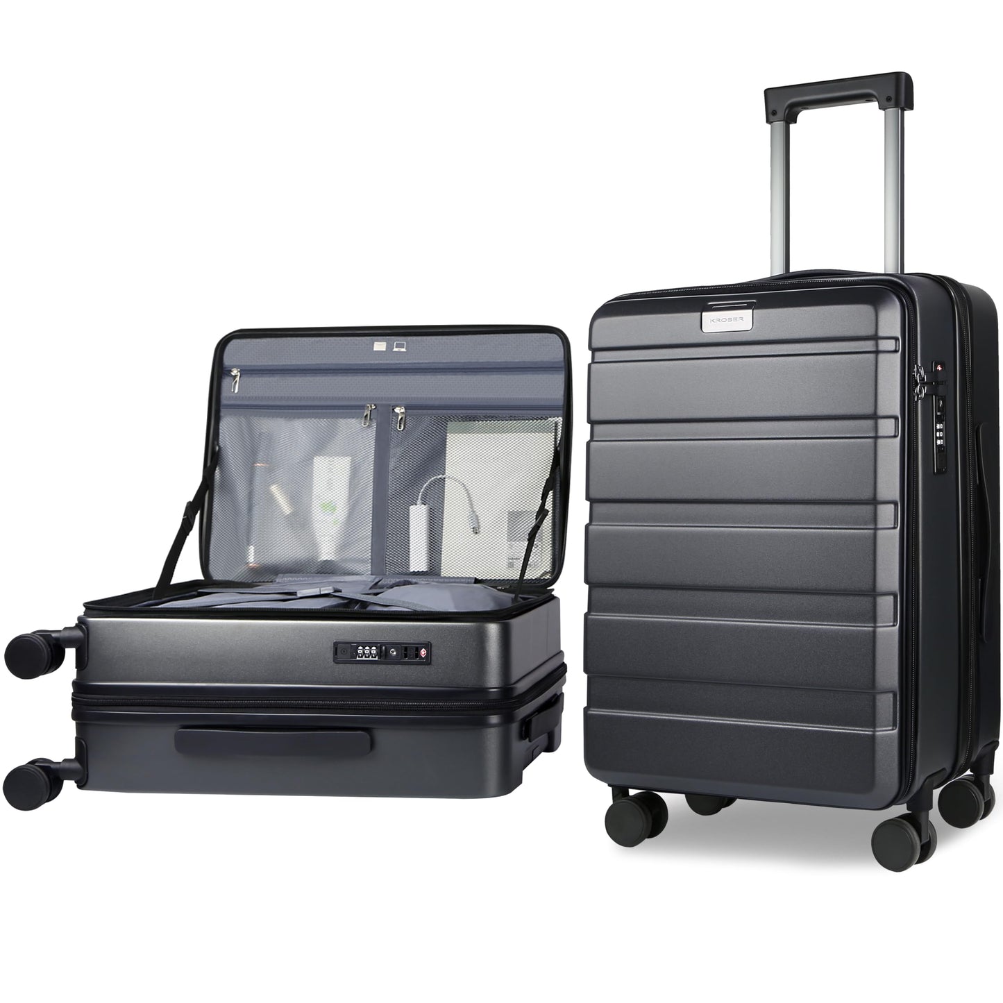 KROSER Carry On Luggage with Spinner Wheels & Built-in TSA Lock, Expandable Top Loading Hard Shell Suitcase Large Capacity Durable Rolling Luggage with USB Port, Carry-On 20-Inch, Dark Green