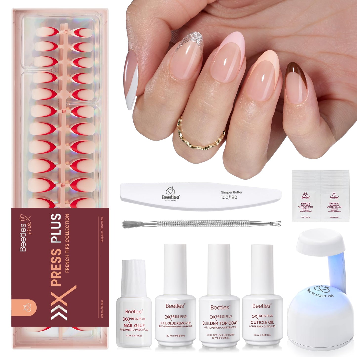 Beetles Ombre Press on Nails: 224 PCS Short Almond Gel Nail Tips, Pink Press ons Pre-applied Primer & Base Coat Glue on Nail Tips, No Need to File Fake Nails DIY Nails Gifts for Women