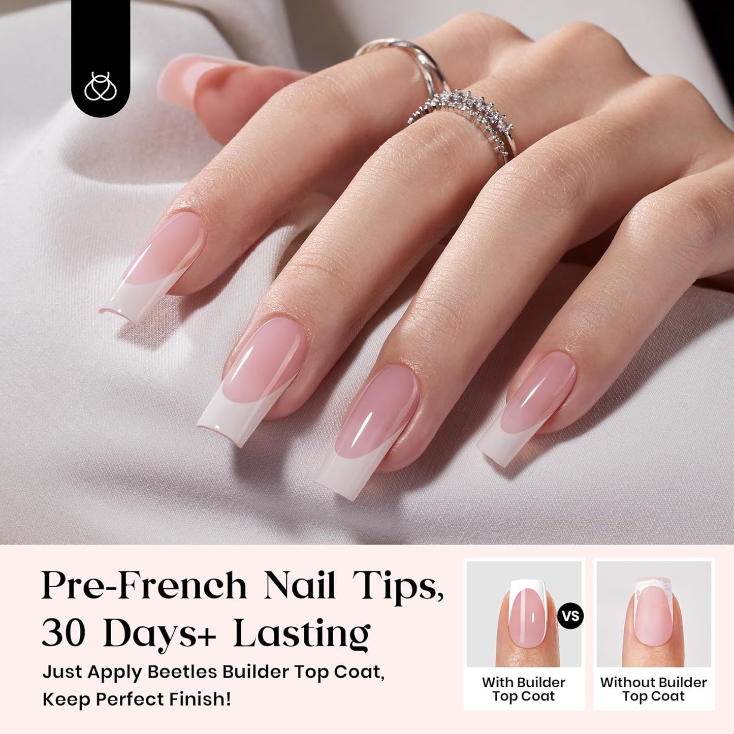 Beetles X Press Gel Nail Kit: Long Square French Tip Press On Nails Kit With 224Pcs Nail Tips Nail Glue & Builder Top Coat Mini UV Light, All-in-One DIY Designs Gift For Women At Home 16 Size