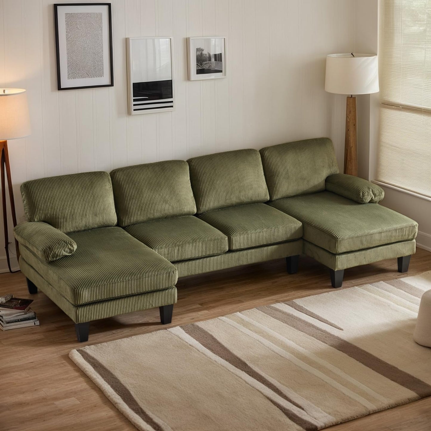 Karl home U-Shape Sectional Sofa Couch 111" Modern 4-Seat Sofa with Chaises Chenille Fabric Upholstered Covertible Couch with Wood Grain Legs for Living Room, Reception Room, Apartment, Beige