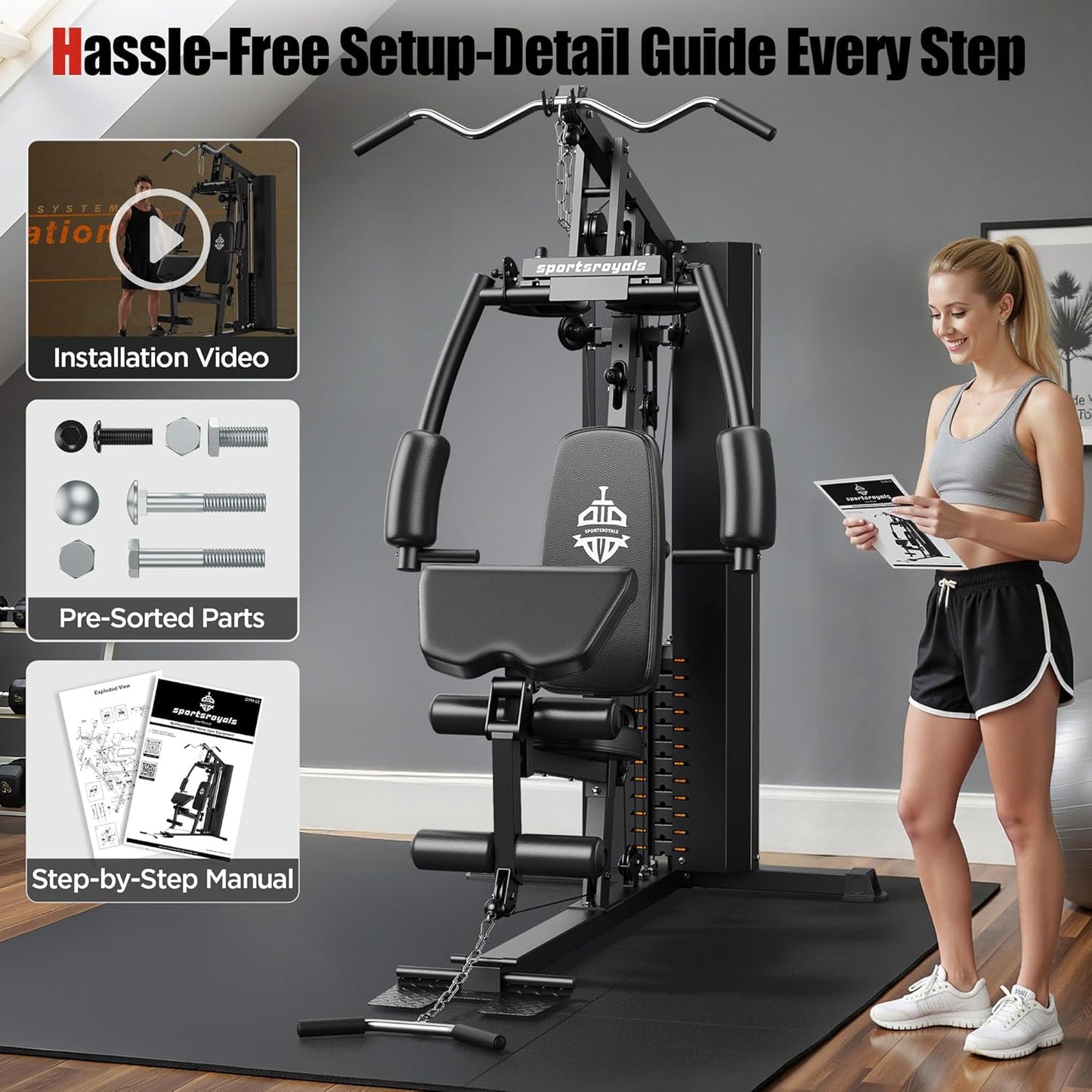 Sportsroyals Home Gym, Multifunctional Home Gym Equipment, Workout Station with 154LBS Weight Stack, Exercise Equipment for Full Body Traning with Pulley System