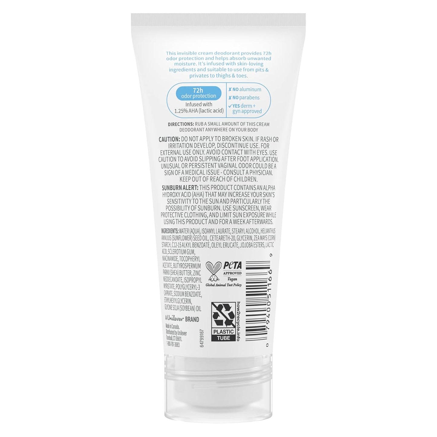 Dove Whole Body Deodorant Aluminum Free pH Balancing Cream Deodorant Unscented for 72h Odor Control 2.5 oz