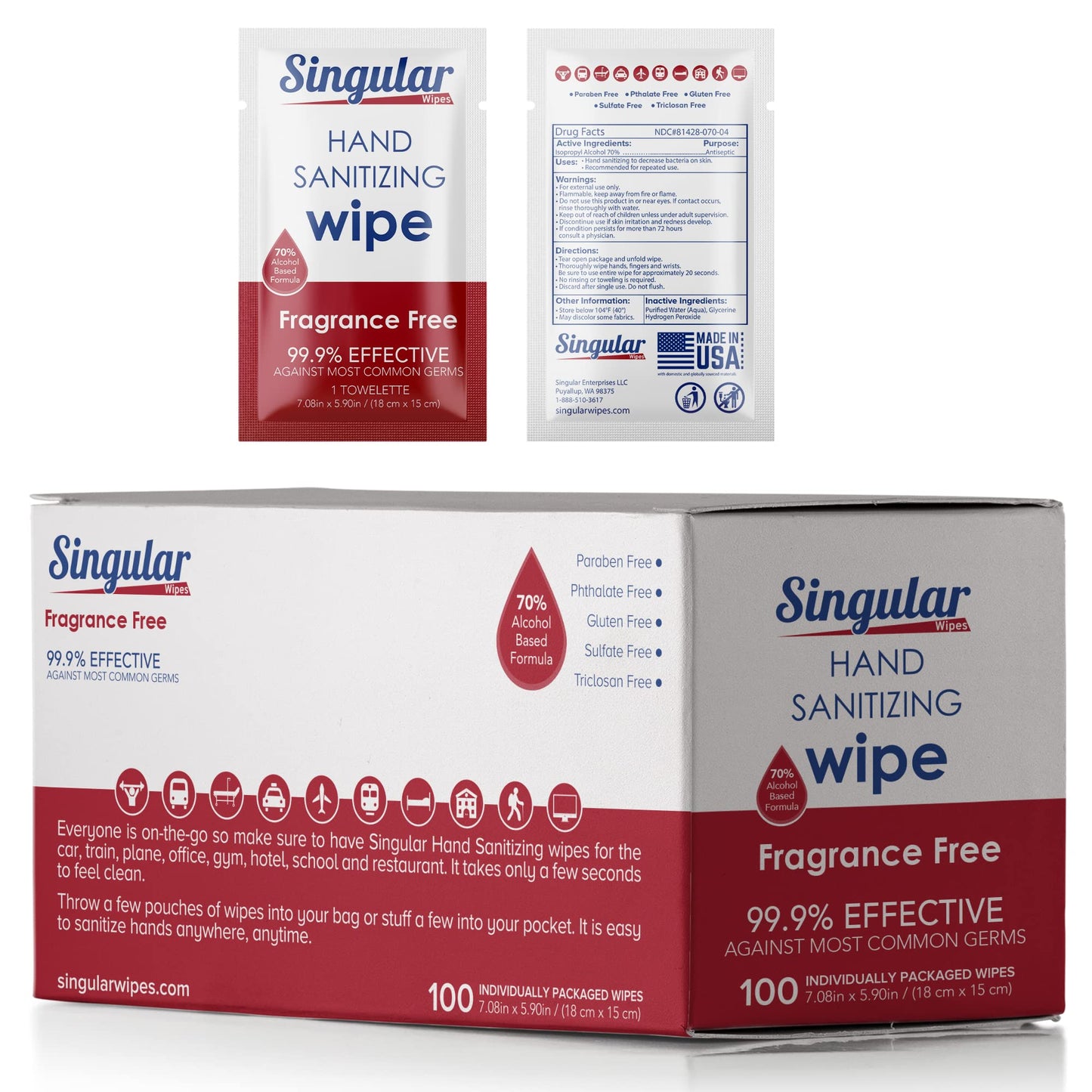 Hand Sanitizing Wipes Travel Size by Singular Wipes –30ct Individually Wrapped | Fragrance-Free, Moisturizing, 70% Isopropyl Alcohol Wipes | Travel, Home, Office, Daily Use | Made in USA